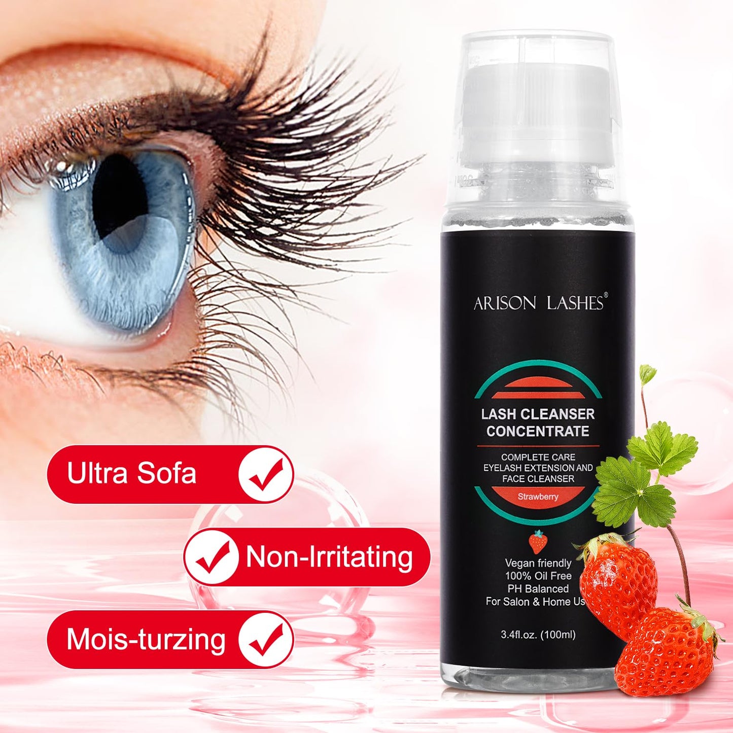 White Smoke Eyelash Natural Foaming Cleanser Concentrate 100ml Lash Extensions Shampoo DIY Non-lrritating Wash for Extensions Lashes with Salon Home Care-Makes 20 Bottles 60ml lash Shampoo (Strawberry)