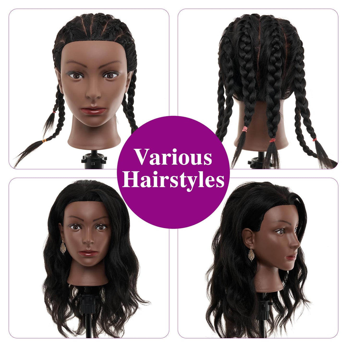White Smoke 20-22 Inch Mannequin Head Human Hair with Stand,100% Real Human Hair Mannequin Head for Braiding,Cosmetology Manikin Doll Head for Styling with Table Clamp Hair Braiding Set(Brown)