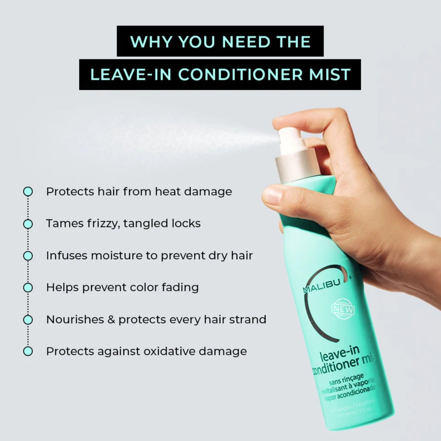 Lavender Malibu C Leave In Conditioner & Moisturizing Heat Protectant for Hair - Adult & Kids Hair Detangler Spray for Daily & Post Swim to Help Prevent Color Fading with UV Protection (9oz)