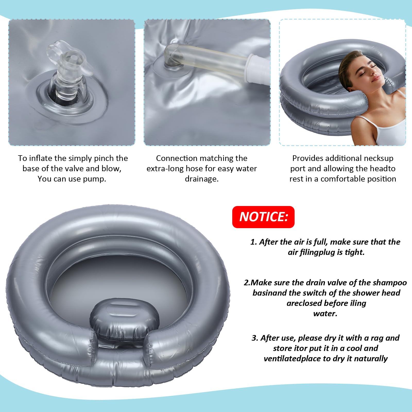 White Smoke LemonRoad Inflatable Shampoo Basin Set with Inflatable Shampoo Basin Comb Disposable Ear Cover Hairbrush Shower Bag for Elderly Disabled Pregnant Injured Bedridden Handicapped Home Sink for Locs Detox