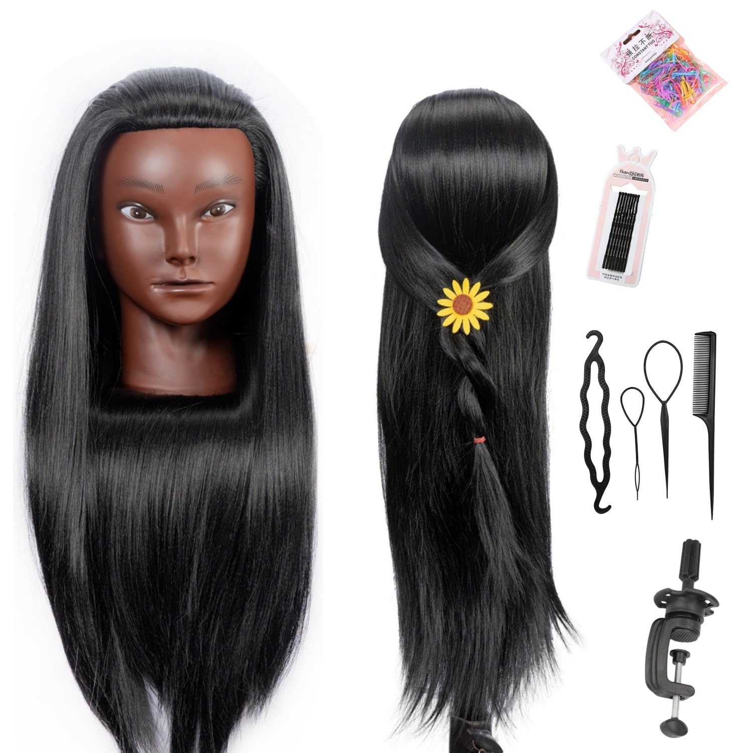 White Smoke LJSMJF Mannequin Head with Hair, Doll Head for Hair Styling Training Head Manikin Practice Cosmetology Doll Head Styling Hairdressing Training Braiding Heads with Clamp Holder (black)