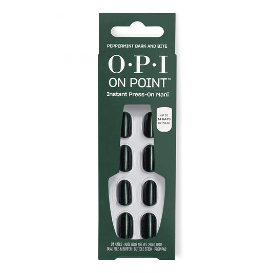 Dark Slate Gray OPI On Point Peppermint Bark and Bite | Short Round Dark Green Silver Shimmer Press On Nails | 24 Count with Nail Glue | Long Lasting, Reusable, Non-damaging | Fall 2025 Shades