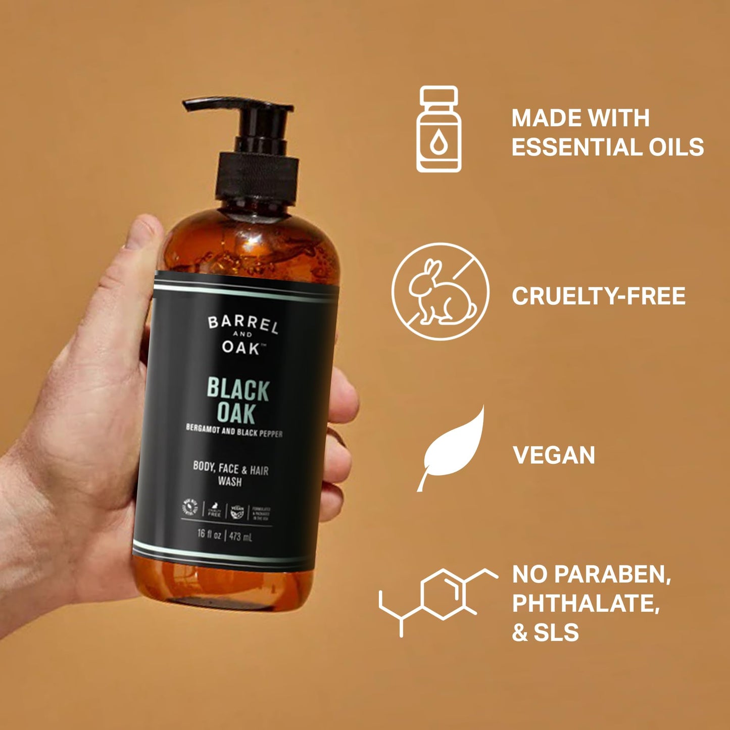 Chocolate Barrel & Oak All-in-One Wash for Face, Hair, & Body, Vegan & Hydrating Face, Shampoo and Body Wash for Men, Grooming Kit Gifts for Men, Black Oak, 16 oz