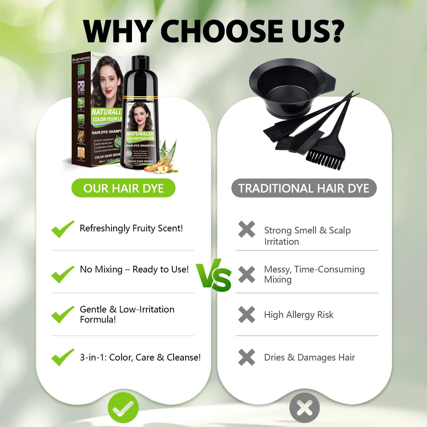 White Smoke RKQNIER Dark Brown Hair Dye Shampoo for Women & Men, 15 Min Gray Coverage, 3 in 1 Semi-Permanent Color with Natural Herbal Ingredients, Lasts 60 Days