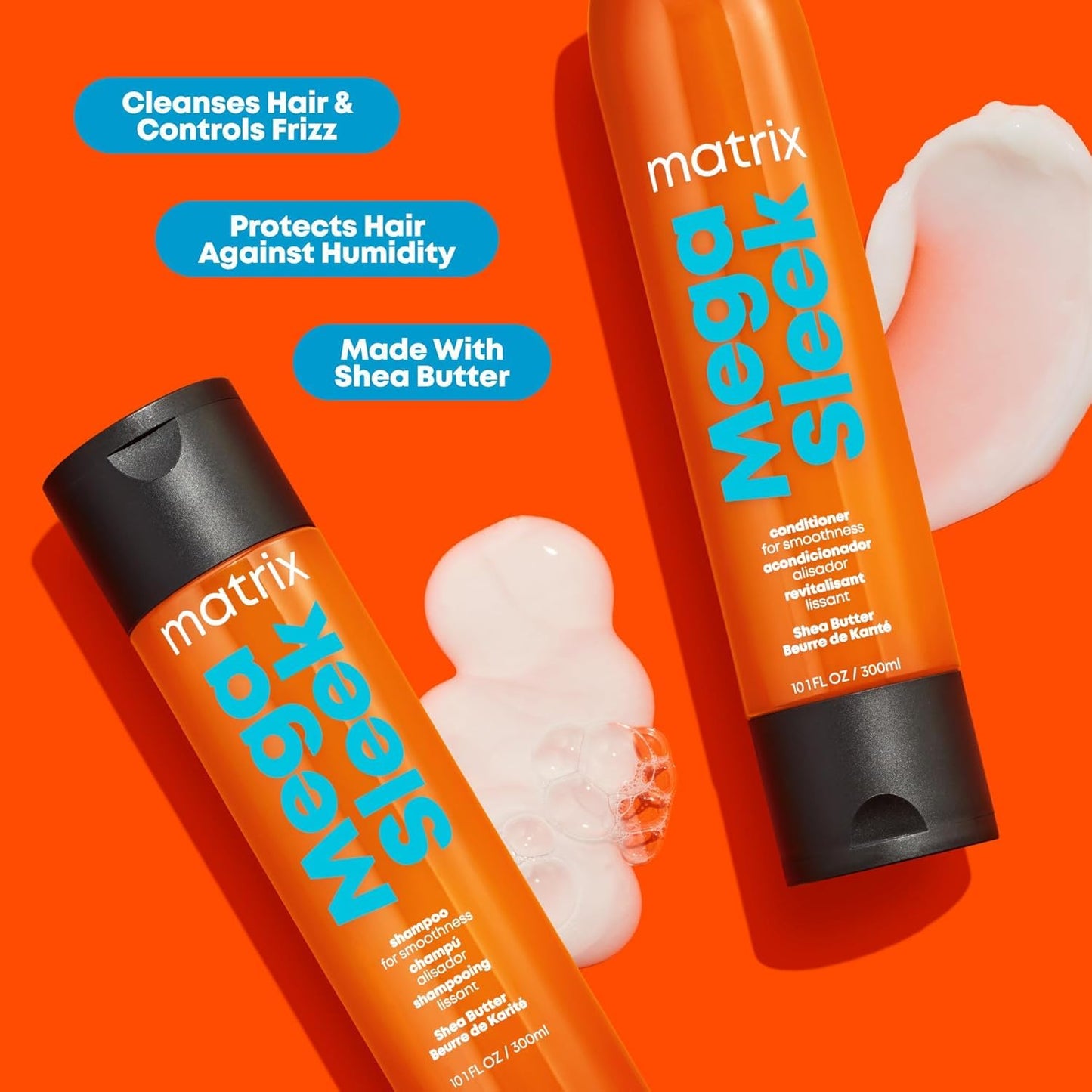 Orange Red Matrix Mega Sleek Shampoo and Conditioner Set - Smoothing and Moisturizing, Anti-Frizz, Detangling, For All Dry, Damaged & Frizzy Hair Types, Nourishes With Shea Butter, Vegan, 33.8 Fl Oz