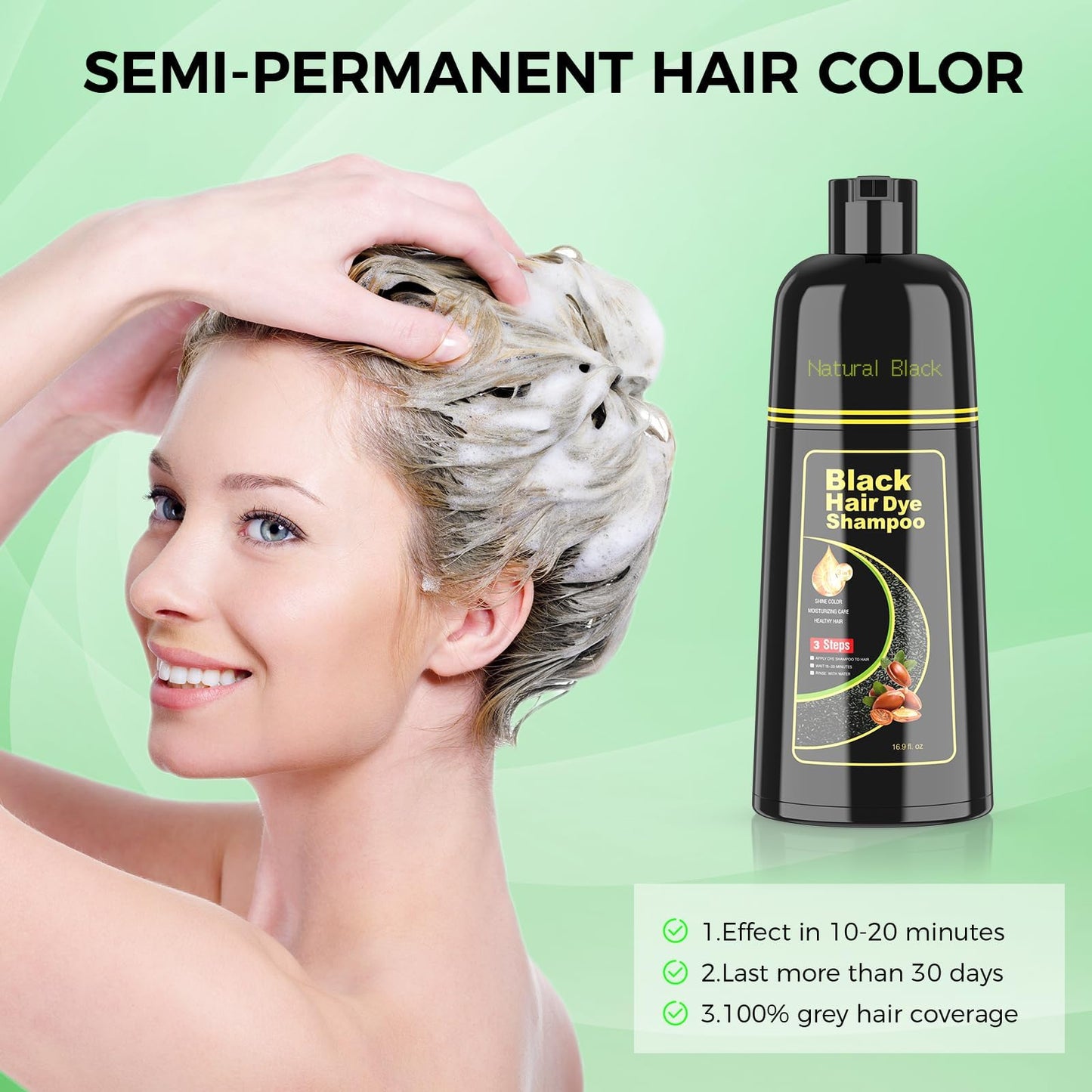 Light Gray BELEZALIB Black Hair Dye Shampoo for Woman & Man, Argan Hair Color Shampoo 3 in 1, Semi-Permanent Gray Hair Coverage, Mild Formula, Lasts 30 Days(16.90 oz)