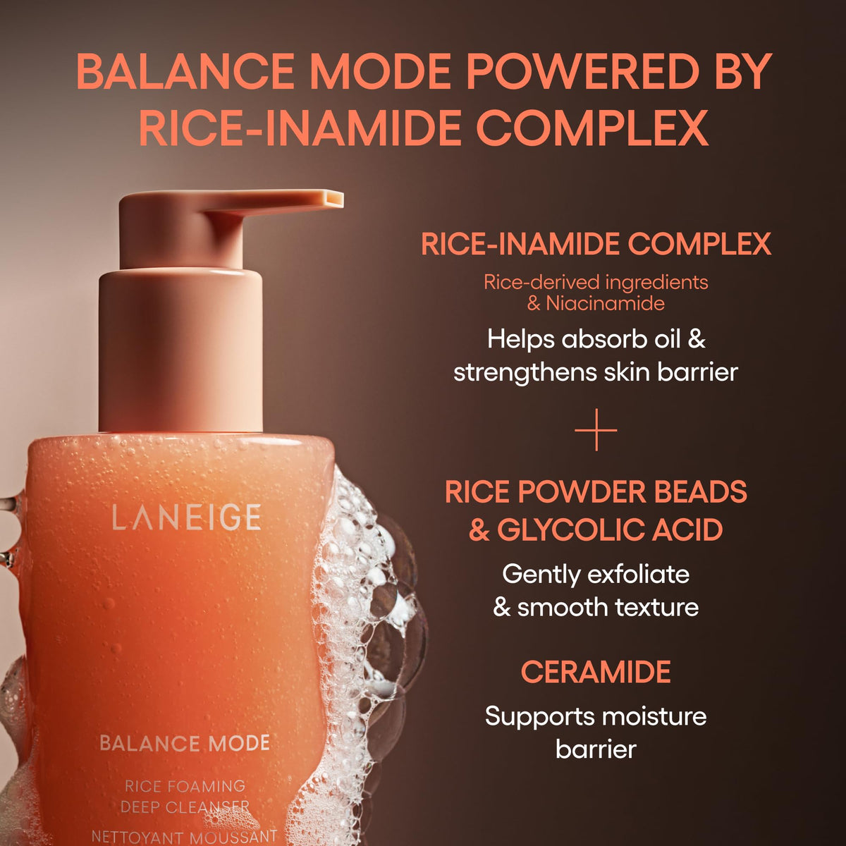 Black LANEIGE Balance Mode Rice Foaming Korean Gel Cleanser with Glycolic Acid