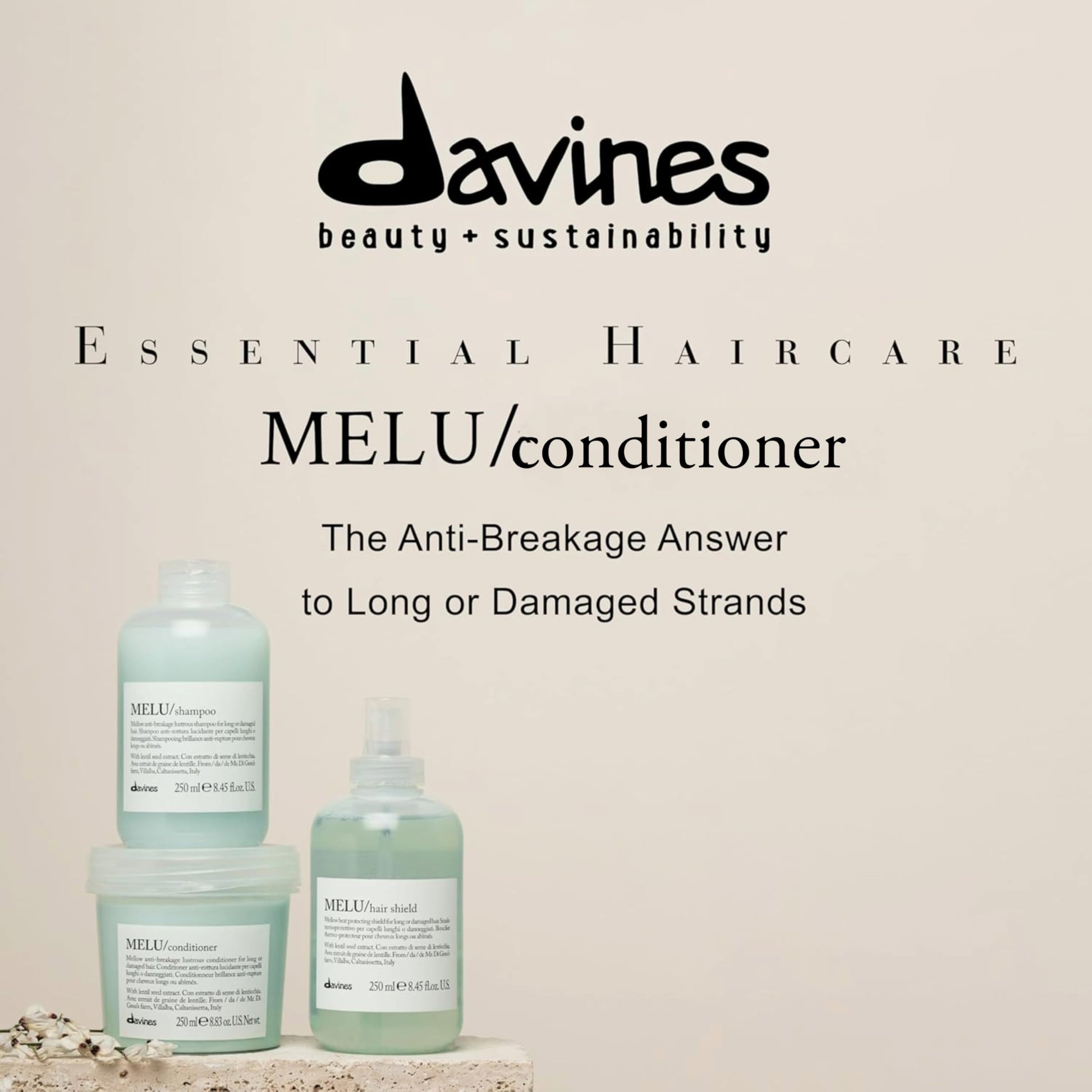 Light Gray Davines MELU Conditioner, Nourishing Light Anti-Breakage Emollient Formula for Long or Damaged Hair - Smooths and Softens Split Ends Weightless, Fortifies Strands with Lentil Seeds, 8.45 Fl Oz