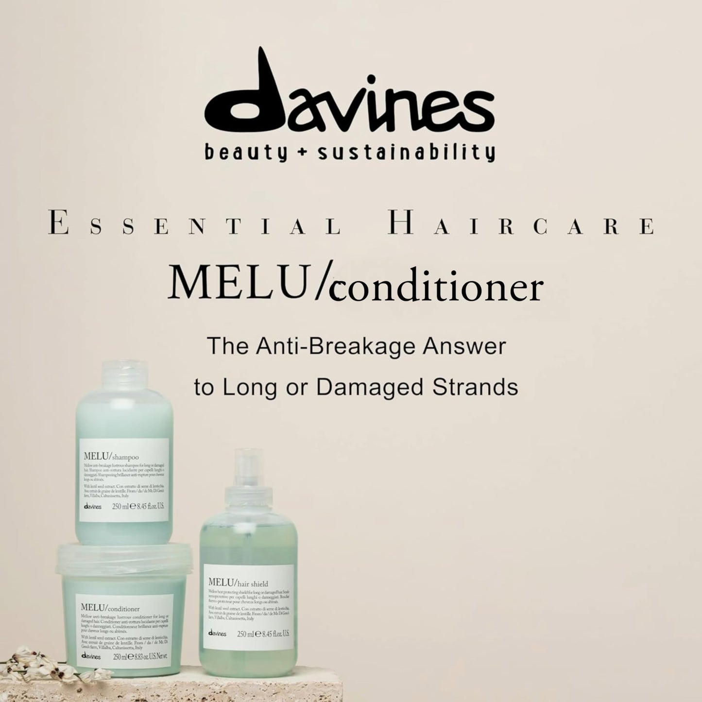 Light Gray Davines MELU Conditioner, Nourishing Light Anti-Breakage Emollient Formula for Long or Damaged Hair - Smooths and Softens Split Ends Weightless with Lentil Seeds, Travel Size, 2.54 Fl Oz