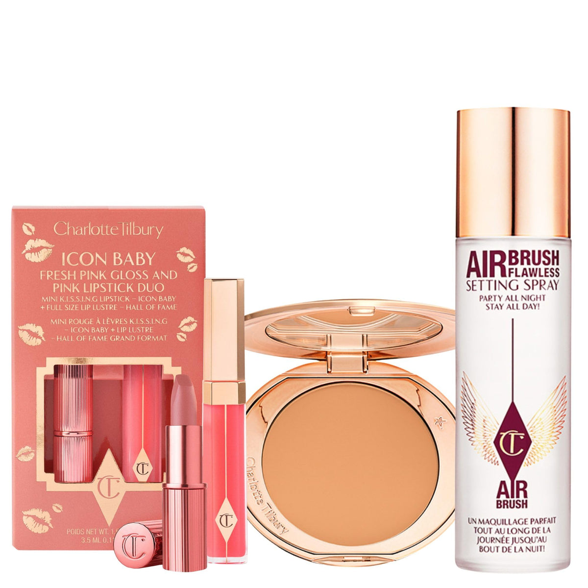 White Smoke Charlotte Tilbury Holiday Kit - AIRbrush Flawless Setting Spray + AIRbrush Flawless Finish + Icon Baby Lip Duo - Hydrating Mist & Pressed Setting Powder Kit with Pink Lipstick Gloss Set