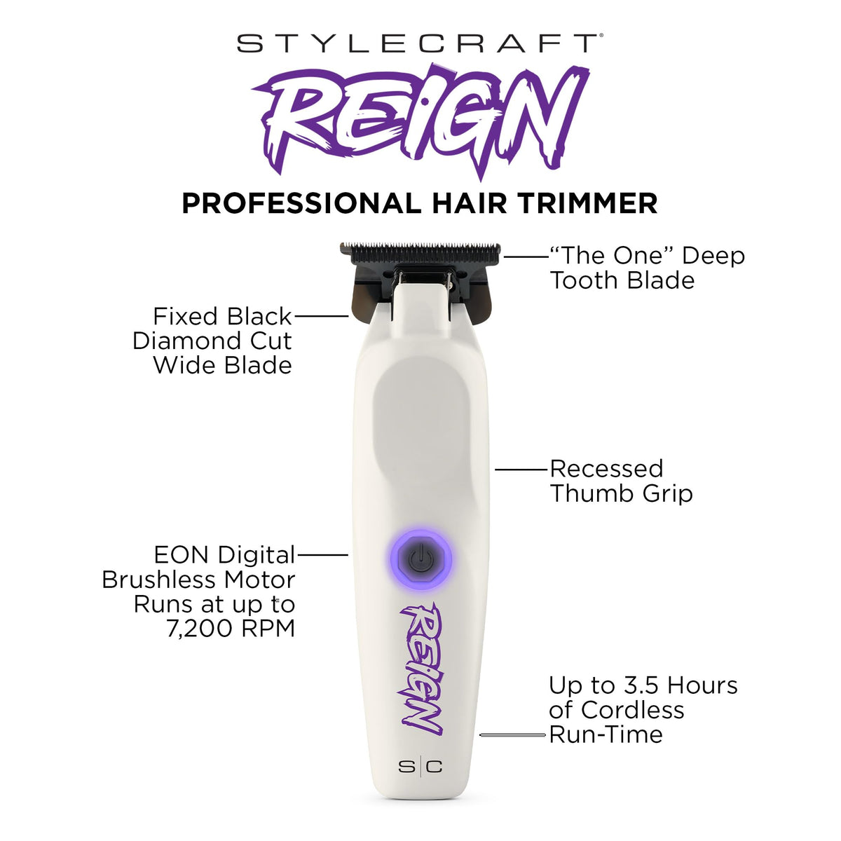 White Smoke StyleCraft Reign Professional Cordless Hair Trimmer with Brushless Motor