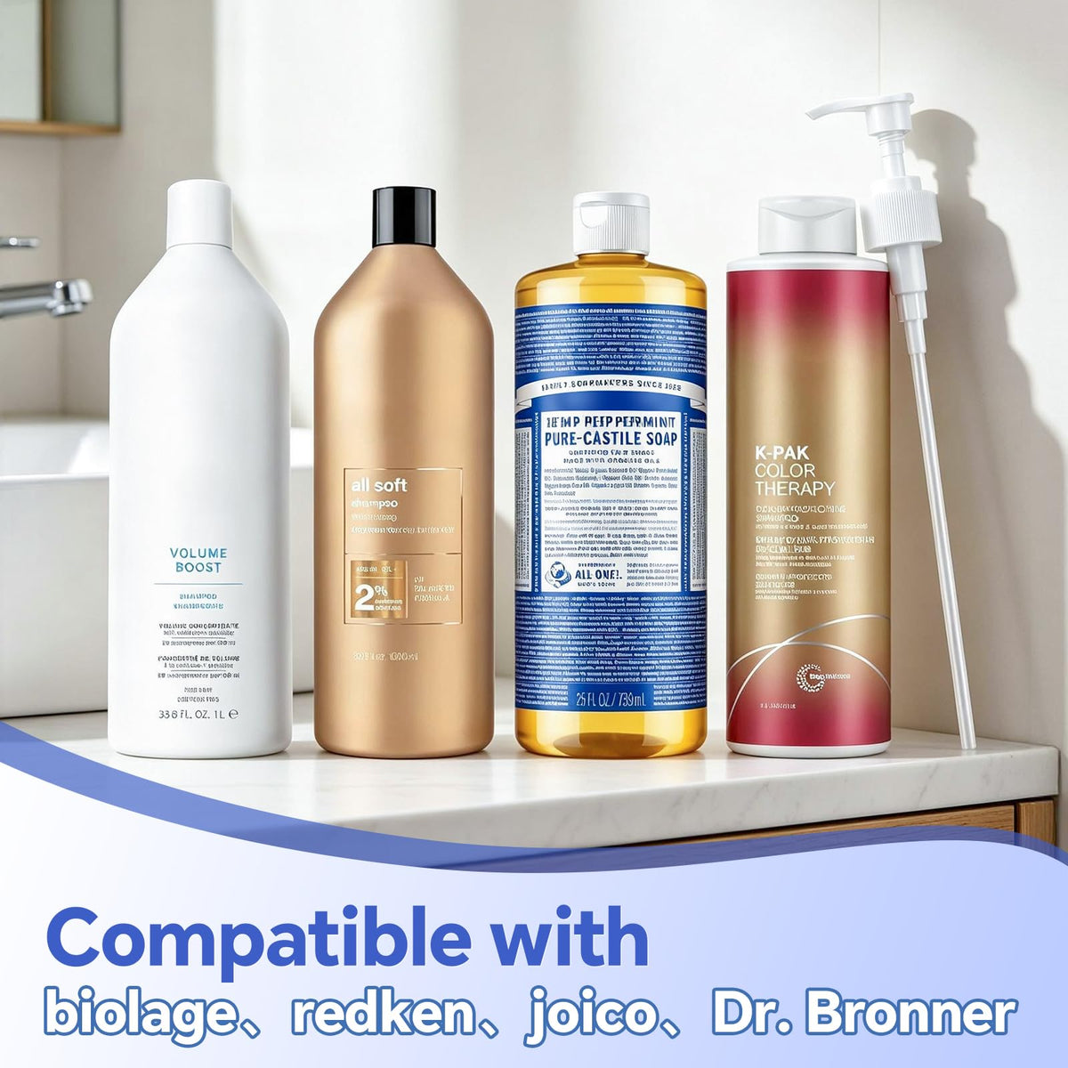 White Smoke 4 Pack Liter Pump Compatible with Biolage Shampoo and Conditioner 33.8 oz Bottles, Dispensing Pump for Shampoo 1 L/33.8 Fl Oz Bottle Pumps Dispenser