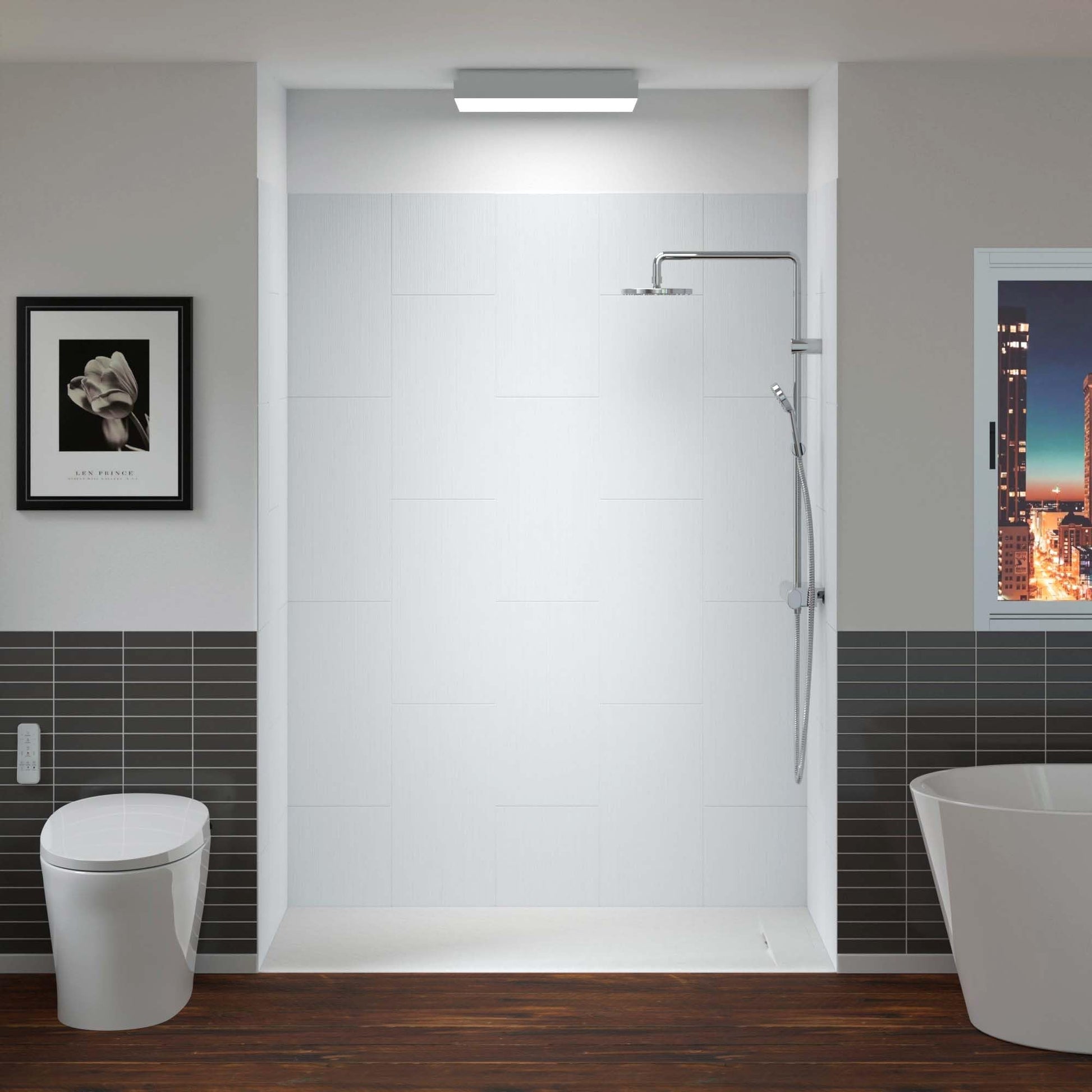 Gray WOODBRIDGE 60 in. L x 36 in. W x 75 in. H Alcove Solid Surface Shower Combo Kits with Glue Up Shower Walls in Matte White and Curbless Shower Base with Reversible Drain in White