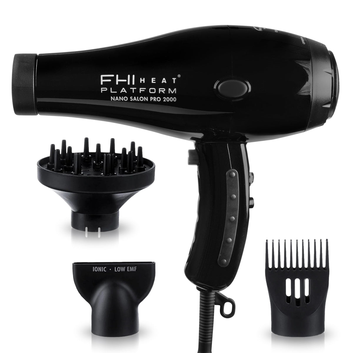 White Smoke FHI HEAT Platform Nano Power Salon Pro 2000 Tourmaline Ceramic Quick Dry Hair Dryer with 3 Piece Attachment Set (Comb, Concentrator, and Diffuser), Black