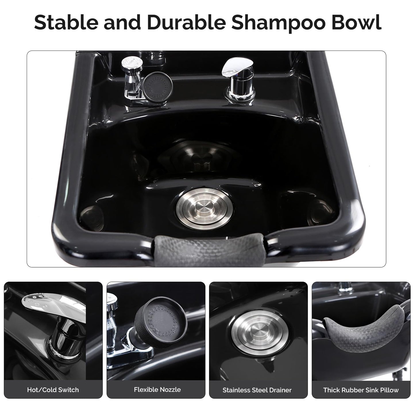 White Smoke OmySalon Salon Station, Barber Station for Hair Stylist, Storage Cabinet with Shampoo Bowl, Drawer, Backwash Sink, UPC Certified Sprayer Faucet, for Beauty Salon Spa, Black