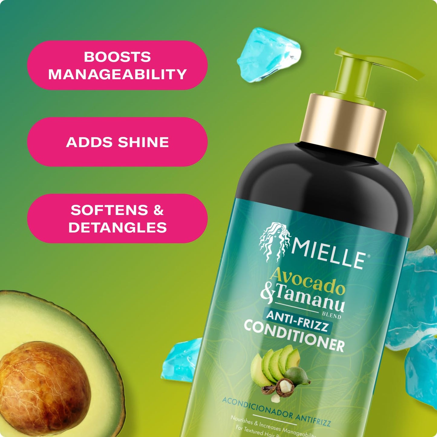Yellow Green Mielle Organics Avocado & Tamanu Anti Frizz Conditioner for Women & Men - Detangling, Moisturizing & Smoothing Treatment - Frizz Control Detangler for Textured & Dry Hair - Prep for Styling, 12floz