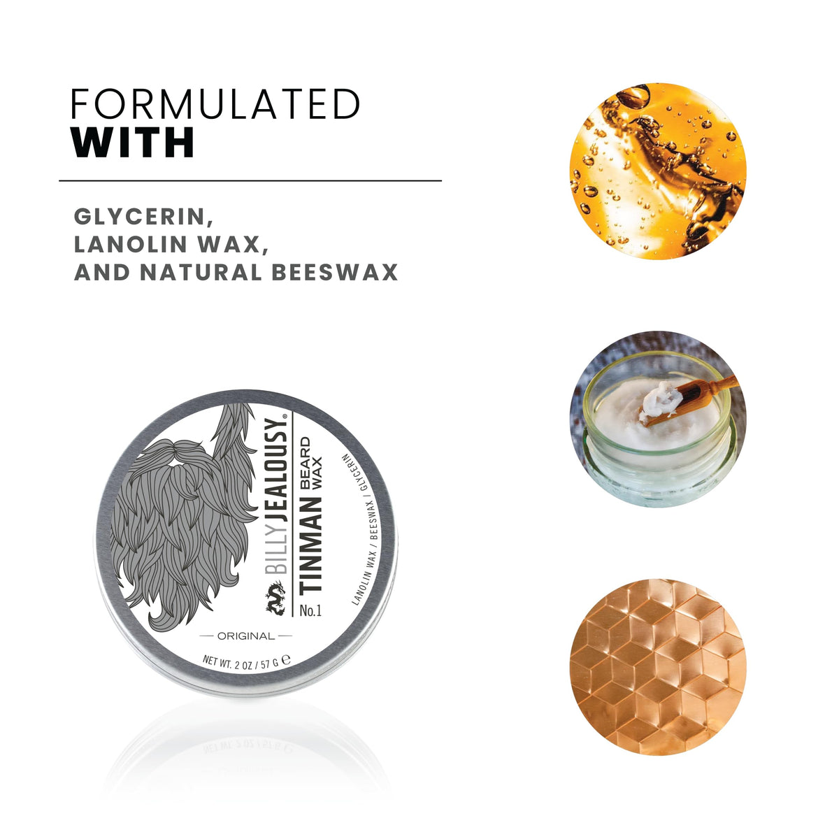 White Smoke Billy Jealousy Tinman Beard Wax with Light Hold & Matte Finish, Nourishing Beard Care Product Formulated with Natural Beeswax & Glycerin for Soft, Tamed Facial Hair, 2 Oz
