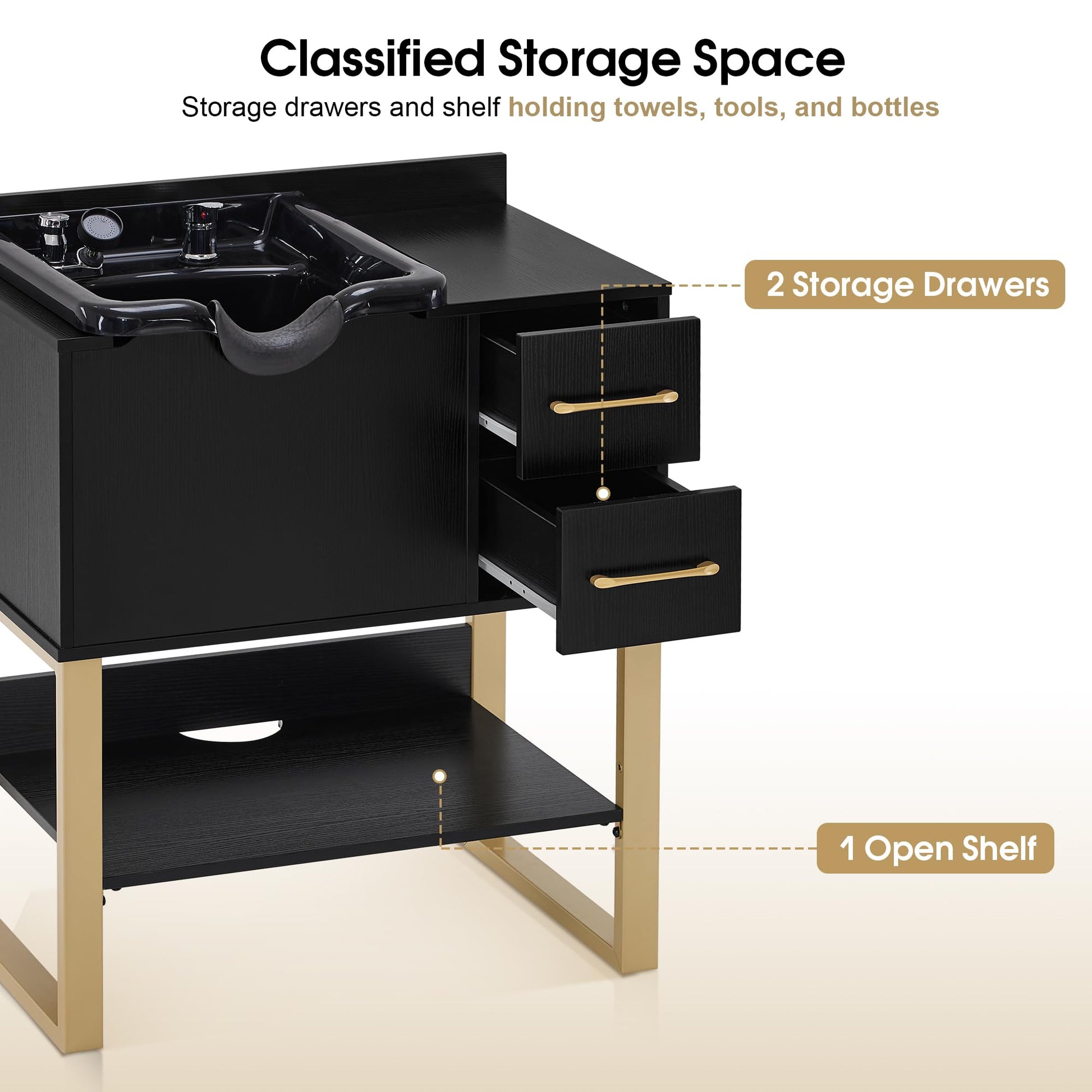 White Smoke BarberPub Shampoo Cabinet with Sink, Modern Salon Backwash Station with Bowl, Neck Rest, 2 Drawers, Storage Shelf,Hot & Cold Control 7135 (Black)