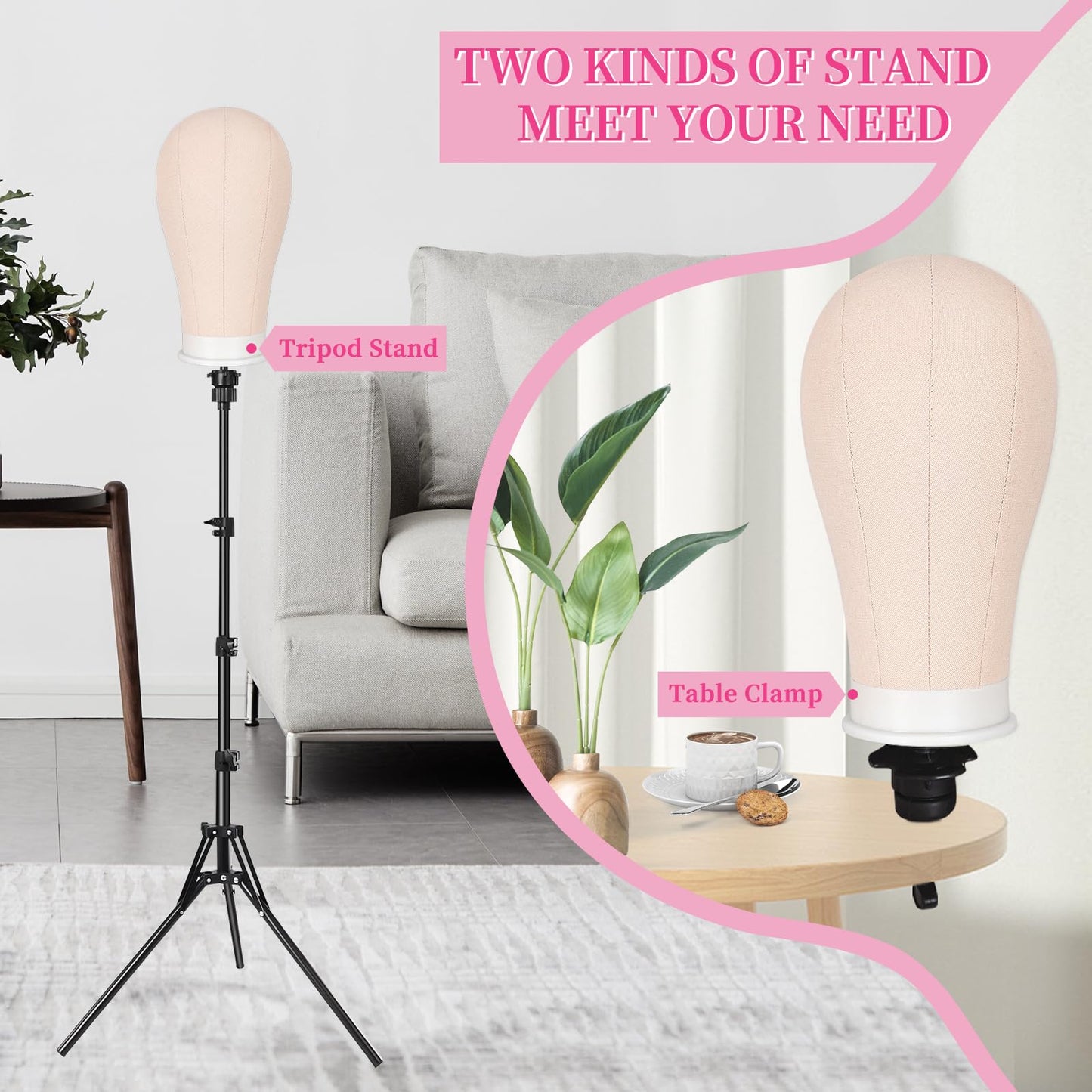 Light Gray Pet Baby 63In Wig Stand Tripod with 22In Head, Canvas Wig Head Stand with Mannequin Head for Wigs Manikin Head Block Set for Wigs Making Display