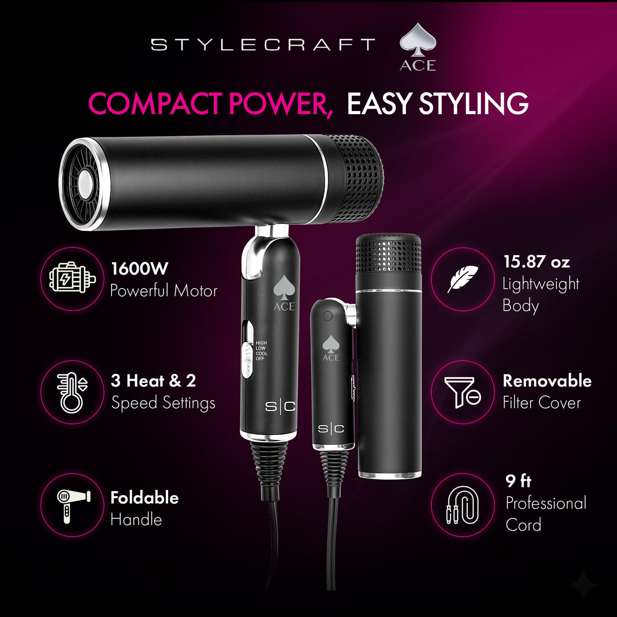 Black StyleCraft Ace Foldable Hair Dryer with 1600W Motor, Travel-Friendly Design