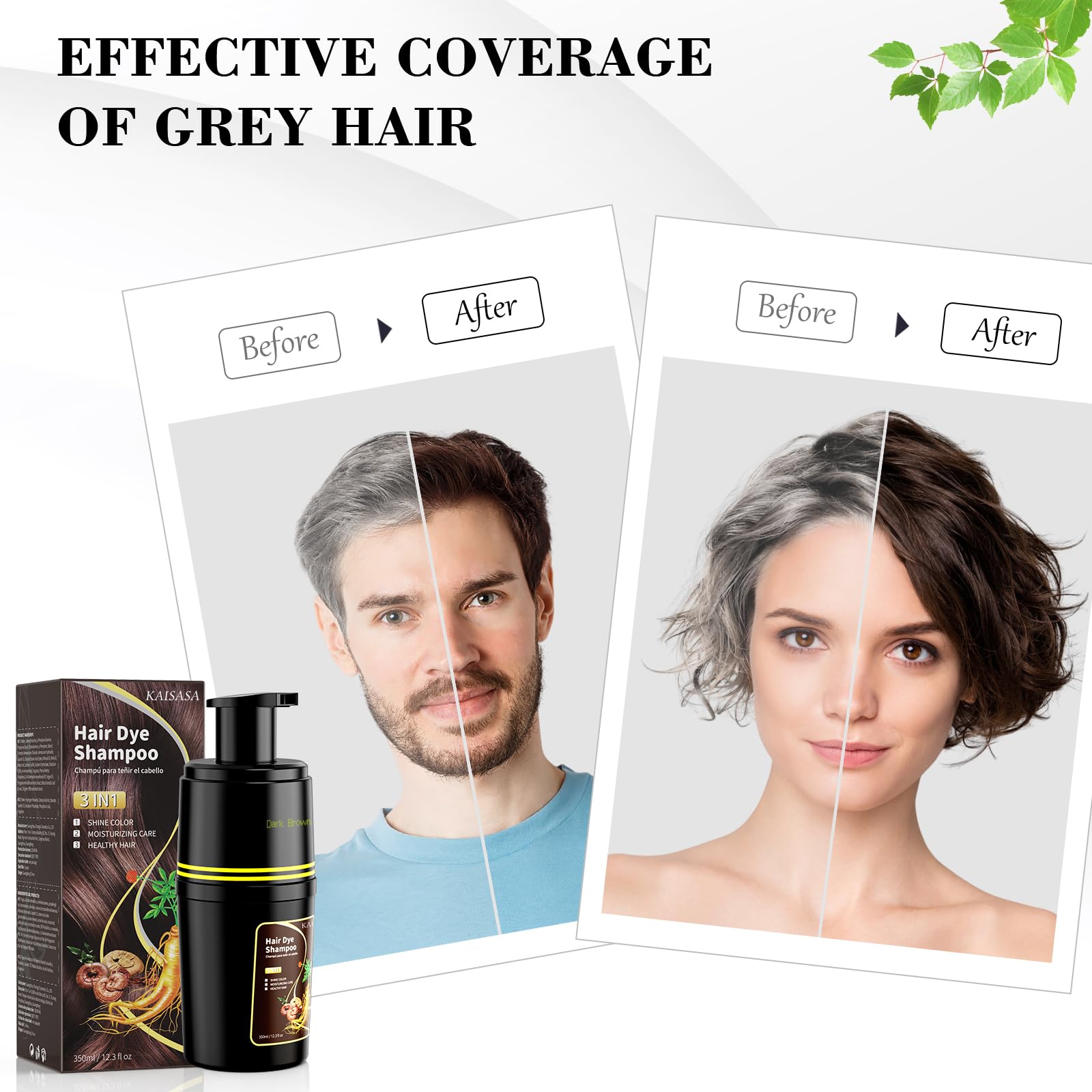 White Smoke KAISASA Dark Brown Hair Dye Shampoo 3 in 1, Hair Color Shampoo for Cover Grey Hair, Natural with Herbal Ingredient for Men and Women (Dark Brown)