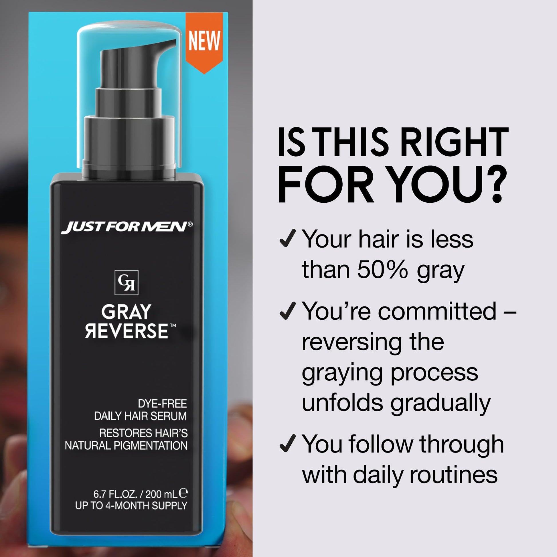 Lavender Just for Men Gray Reverse Daily Hair Serum, Gradually Reduces Gray Hair, Easy Dye-Free Serum, 6.7oz