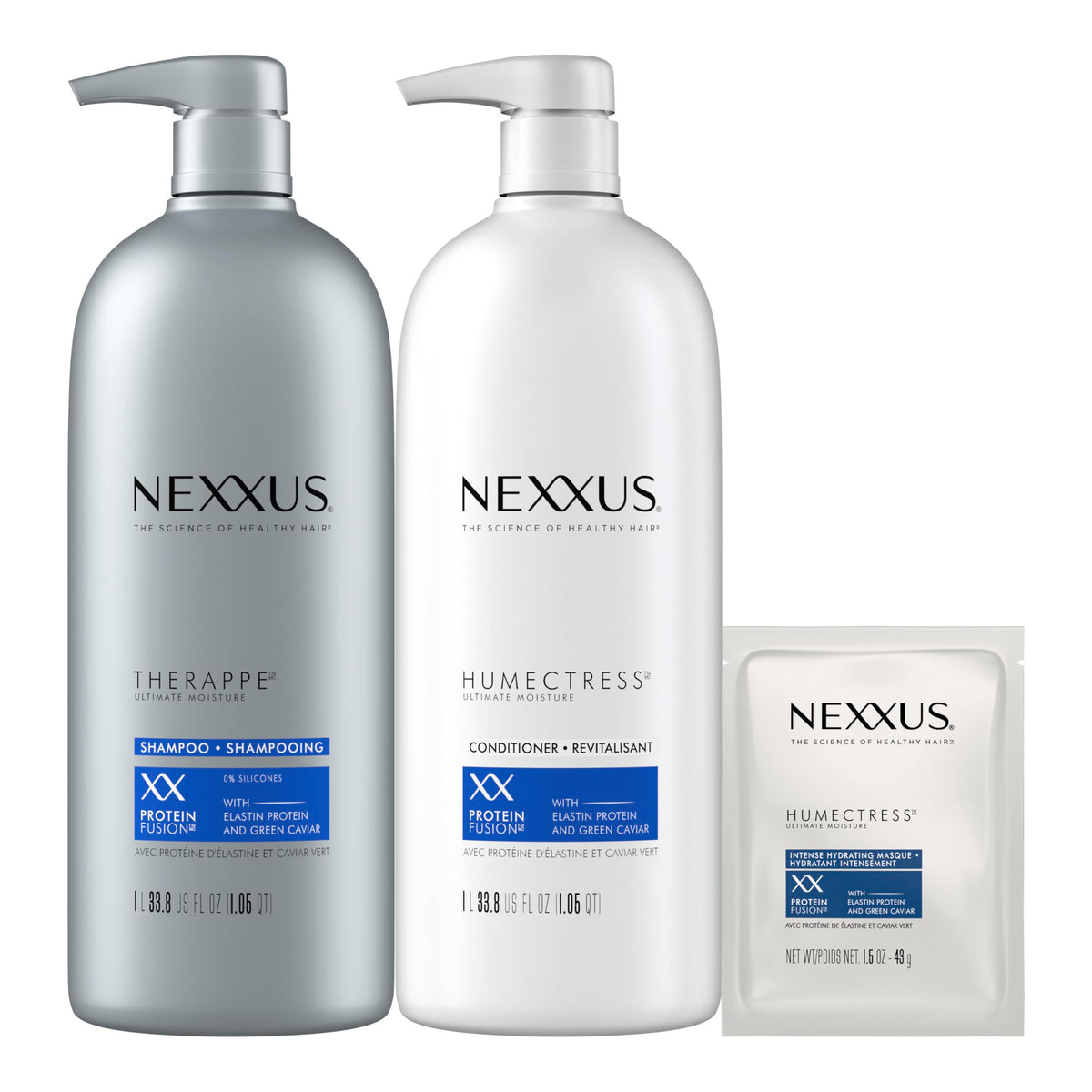White Smoke Nexxus Shampoo and Conditioner and 3 Hair Treatment Masks Therappe Humectress 5 Pack for Dry Hair Silicone-Free, Moisturizing Caviar Complex and Elastin Protein 33.8 oz & 1.5 oz