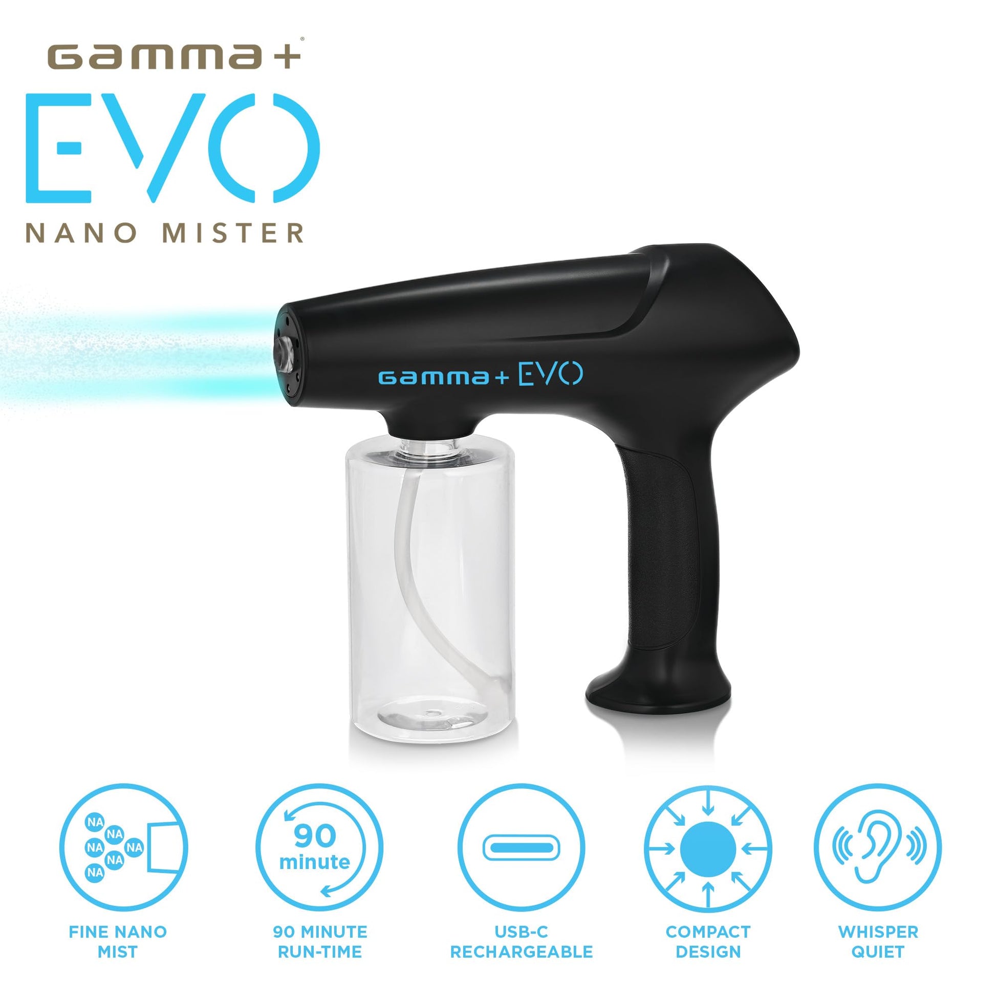 White Smoke GAMMA+ Evo Nano Mister Cordless Portable Water Sprayer, Disinfect Mist, USB-C Rechargeable for Barber, Salon, Home Use, Black