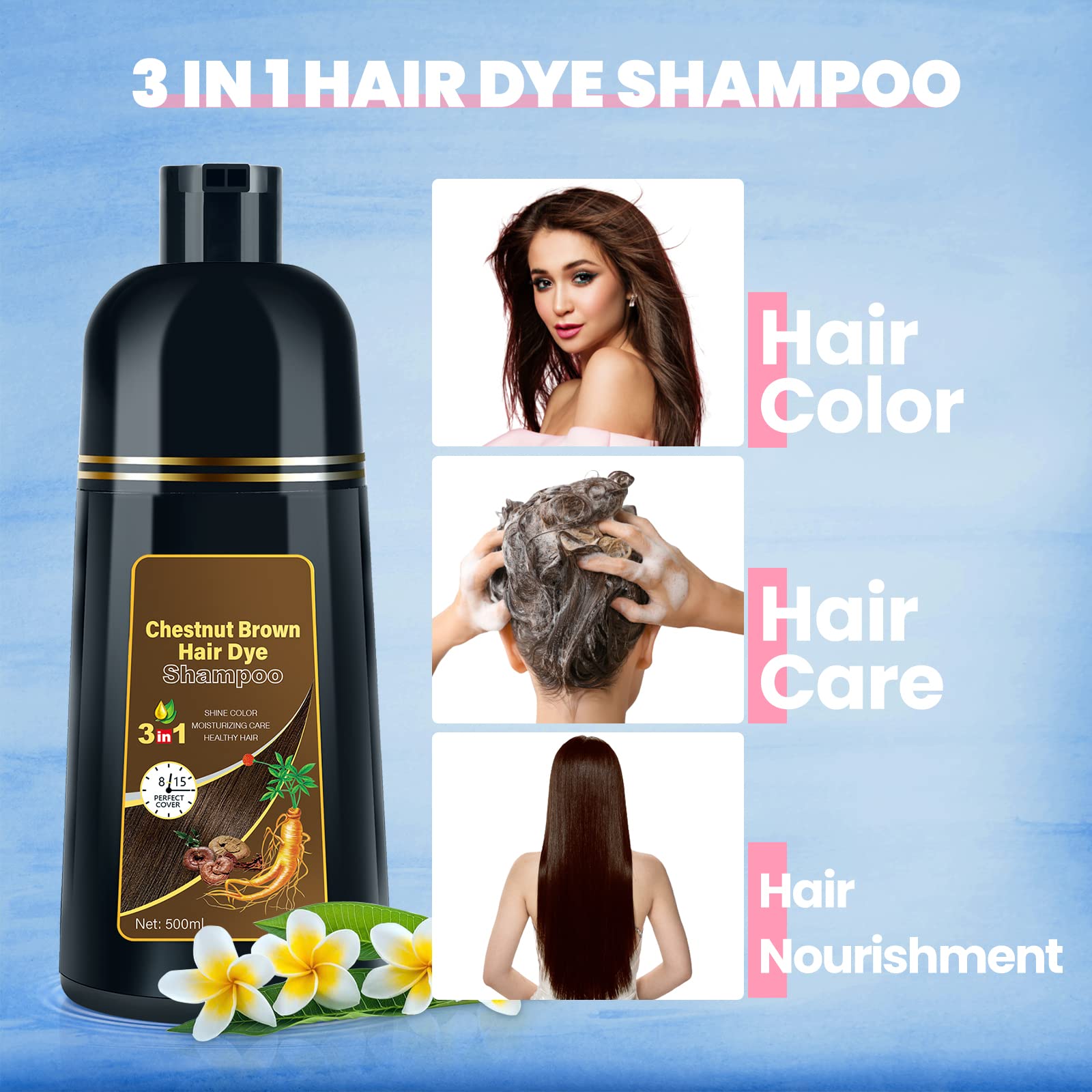 Light Blue BOJICA Hair Dye Shampoo for Gray Hair Coverage, 3-in-1 Semi-Permanent Color Shampoo for Women & Men Chestnut Brown
