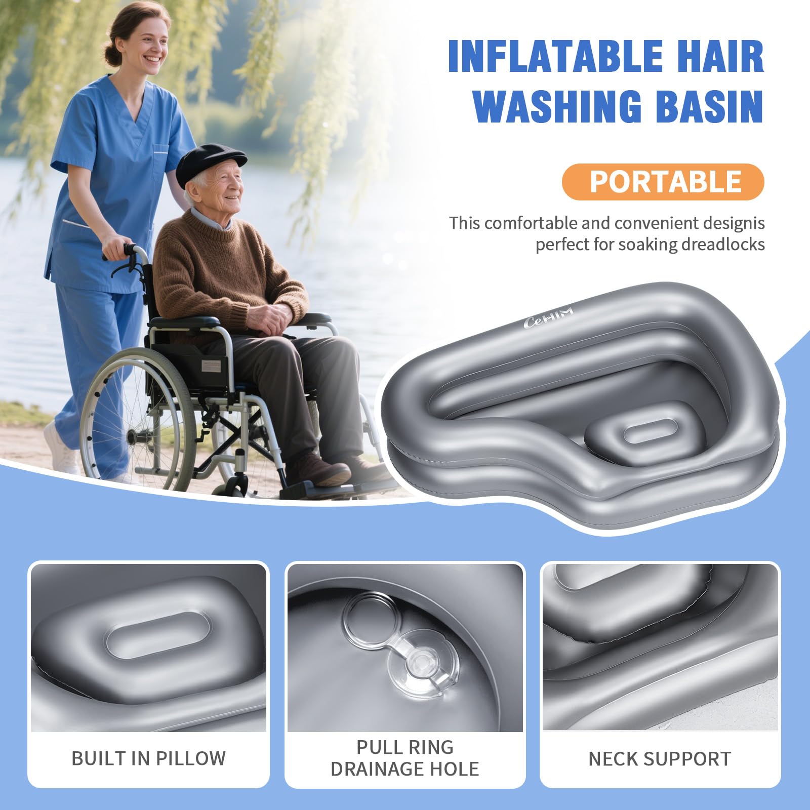 White Smoke Inflatable Portable Shampoo Bowl, Hair Washing Bowl with Drain Hose & Neck Support, PVC Inflatable Shampoo Bowl for Bedridden Patients, Disabled, Seniors, Kids, Home Care