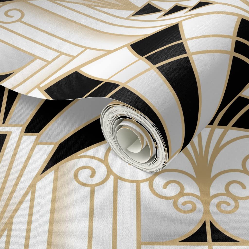 Light Gray Spoonflower Peel & Stick Wallpaper 3ft x 2ft - Art Deco Alcove Black White Gold Fan Architecture 1920s Custom Removable Wallpaper