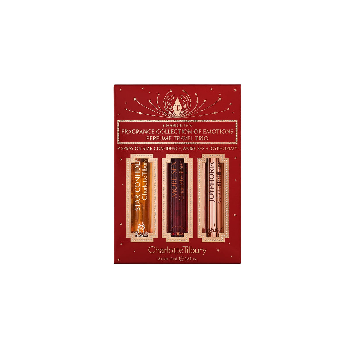 Dark Red Charlotte Tilbury Fragrance Collection of Emotions, 3-Piece Travel Size Perfume Gift Set for Women
