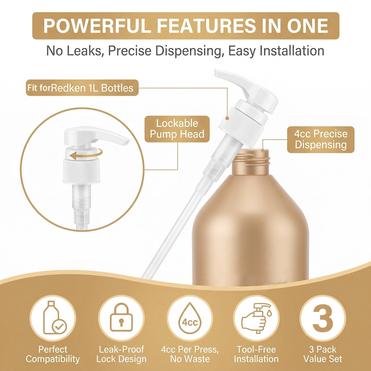 White Smoke 3 Pack Shampoo/Conditioner Pump Compatible with Redken 1 L/33.8 Fl Oz Bottles, Dispensing Liter Pump for Redken Shampoo and Conditioner Bottles Replacement Pumps