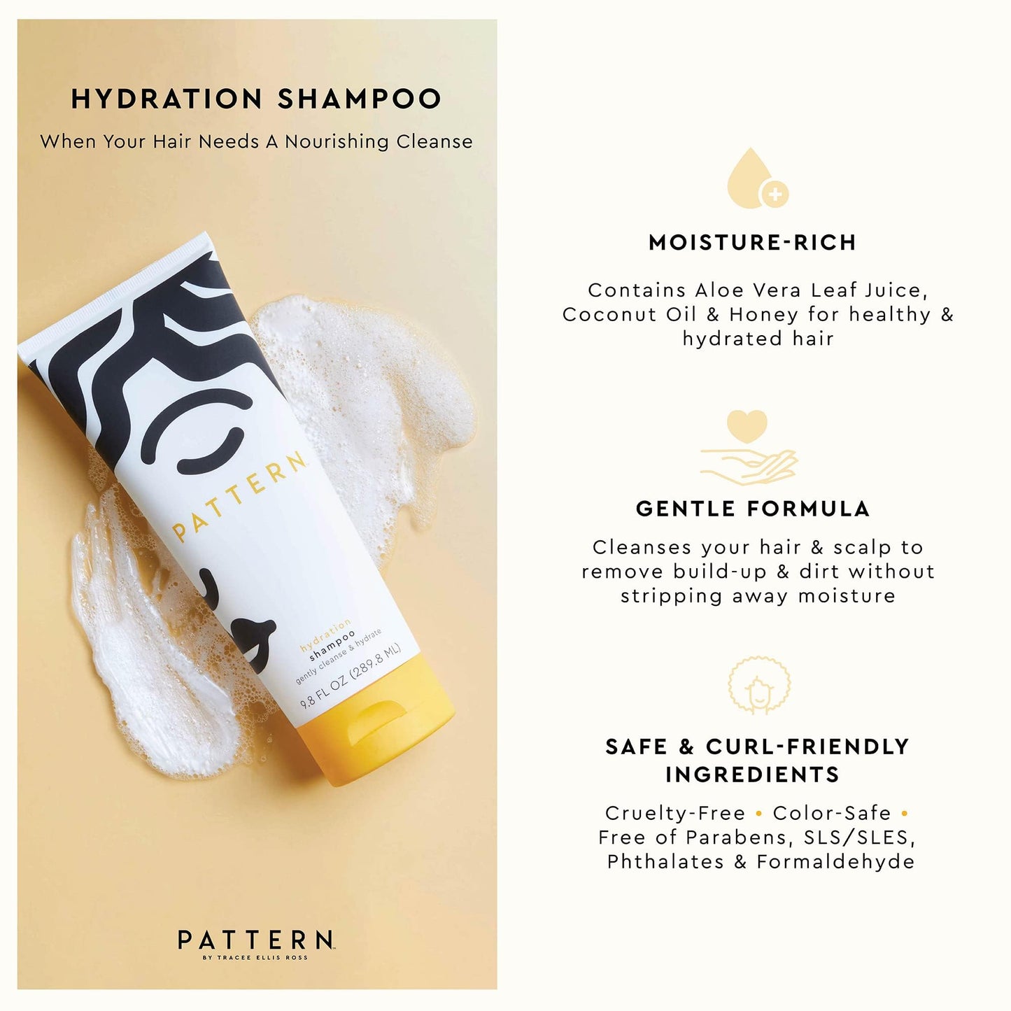 White Smoke PATTERN Beauty by Tracee Ellis Ross Hydration Shampoo w Honey, Aloe Vera, Biotin and Tea Tree Leaf Oil for Curly Hair 3a-4c, 25 Fl Oz