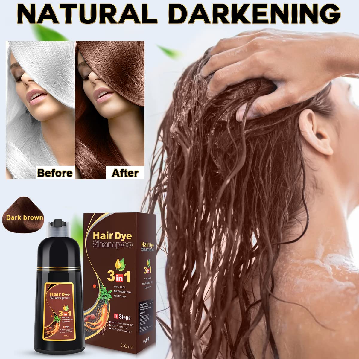 Dark Slate Gray IIIMEIDU MEIDU Dark Brown Hair Dye Shampoo 3 in 1, Instant Hair Color Shampoo for Women Men, Herbal Ingredients Coloring in Minutes 500ML