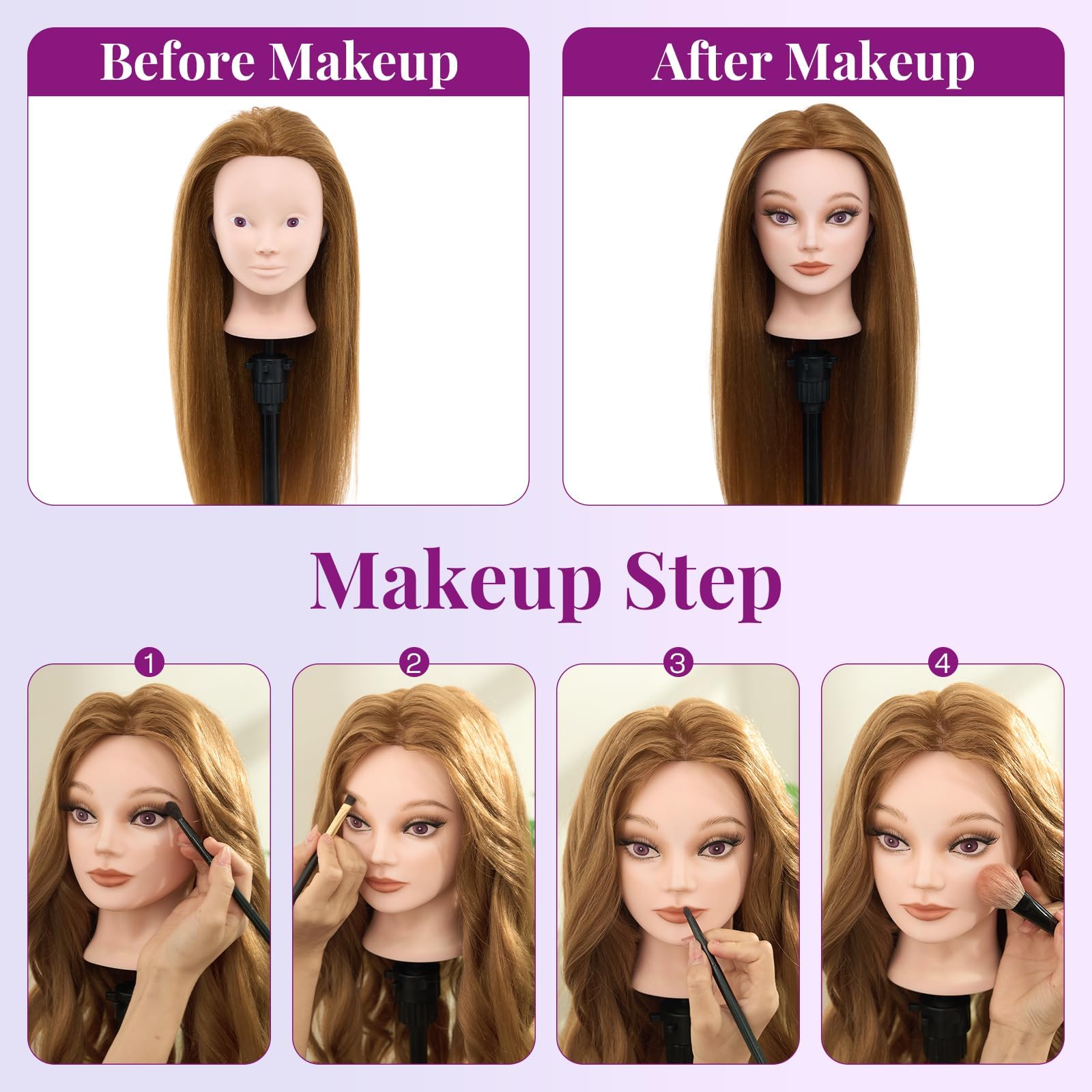 White Smoke Mannequin Head 80% Human Hair - 28" Makeup Manikin Doll Head for Hair Styling, Hairdressing Training Practice Braiding for Cosmetology Students, Professionals & Practice Exams