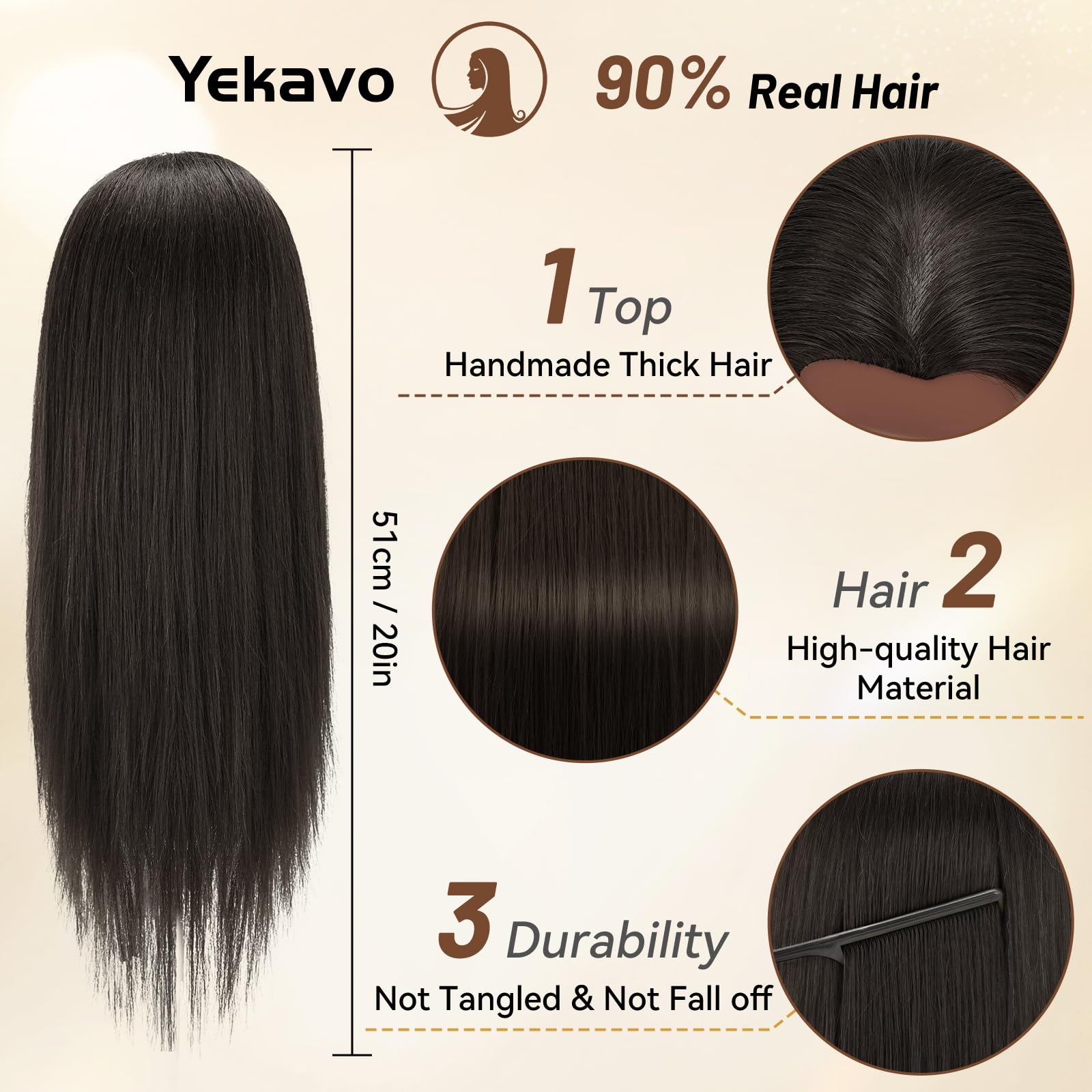 Seashell Yekavo 20" Mannequin Head Human Hair with Tripod Stand, 90% Real Hair Cosmetology Black Manikin Doll Head for Hairdresser Practice Braiding with Stand Set