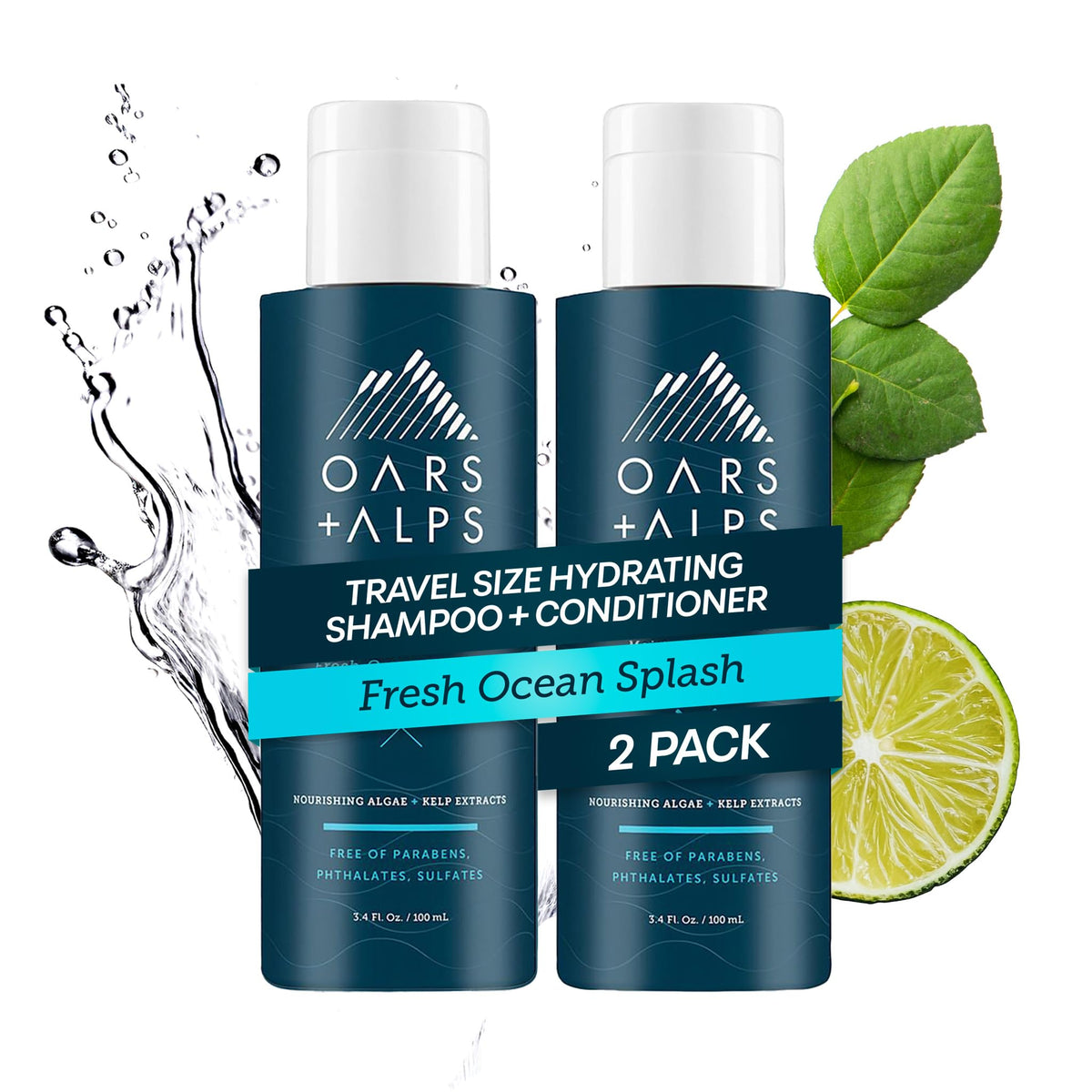 White Smoke Oars + Alps Men's Sulfate Free Hair Shampoo and Conditioner Set, Infused with Kelp and Algae Extracts, Fresh Ocean Splash, Travel Size 3.4oz Each