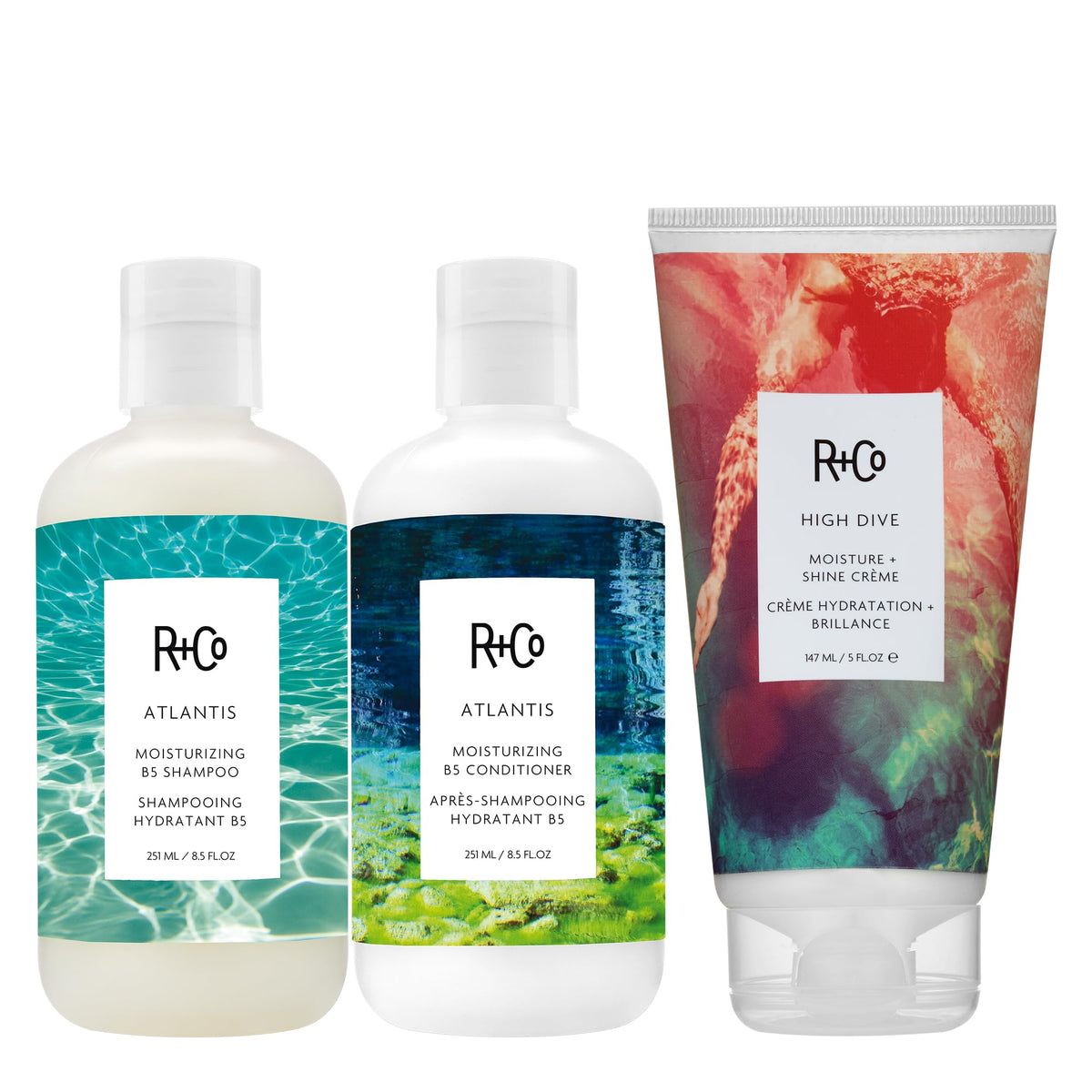 White Smoke R+Co ATLANTIS Shampoo, Conditioner + CRYSTAL HALO Balancing Scrub, Shampoo