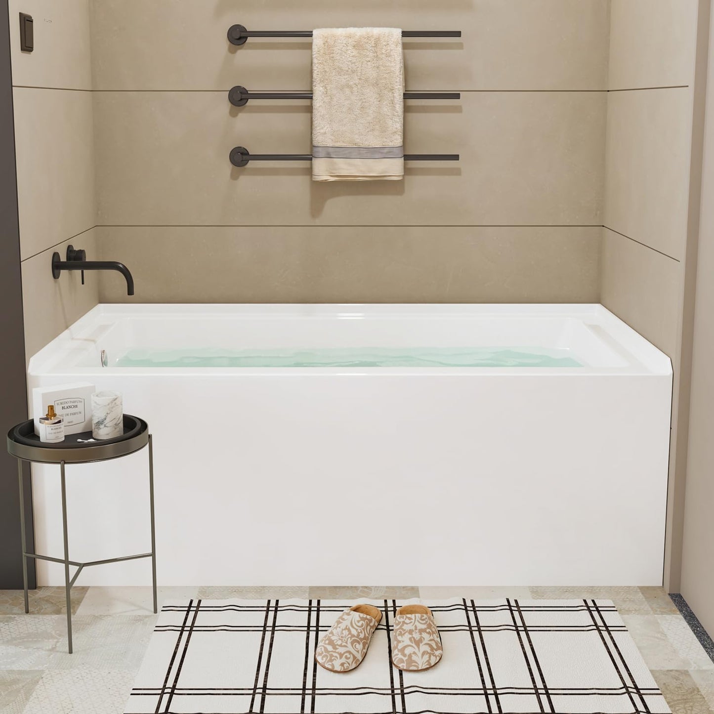 Light Gray Garvee 60 x 32 Inch Acrylic Alcove Bathtub, Deep Soaking Tub with Drain and Overflow, Single Apron Alcove for Modern Bathrooms