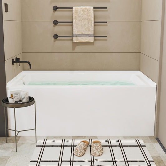 Light Gray Garvee 60 x 32 Inch Acrylic Alcove Bathtub, Deep Soaking Tub with Drain and Overflow, Single Apron Alcove for Modern Bathrooms