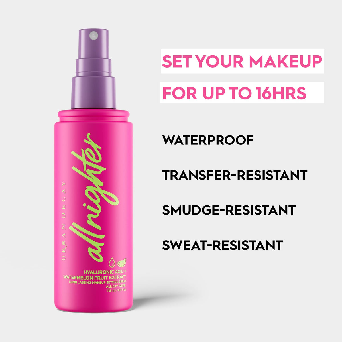 Lavender Urban Decay All Nighter Hyaluronic Acid Waterproof Dewy Setting Spray for Face (Travel Size), Luminous Glowy Look, Long-lasting, Smudge-proof & Transfer-resistant Makeup, Watermelon Scent - 1 fl oz