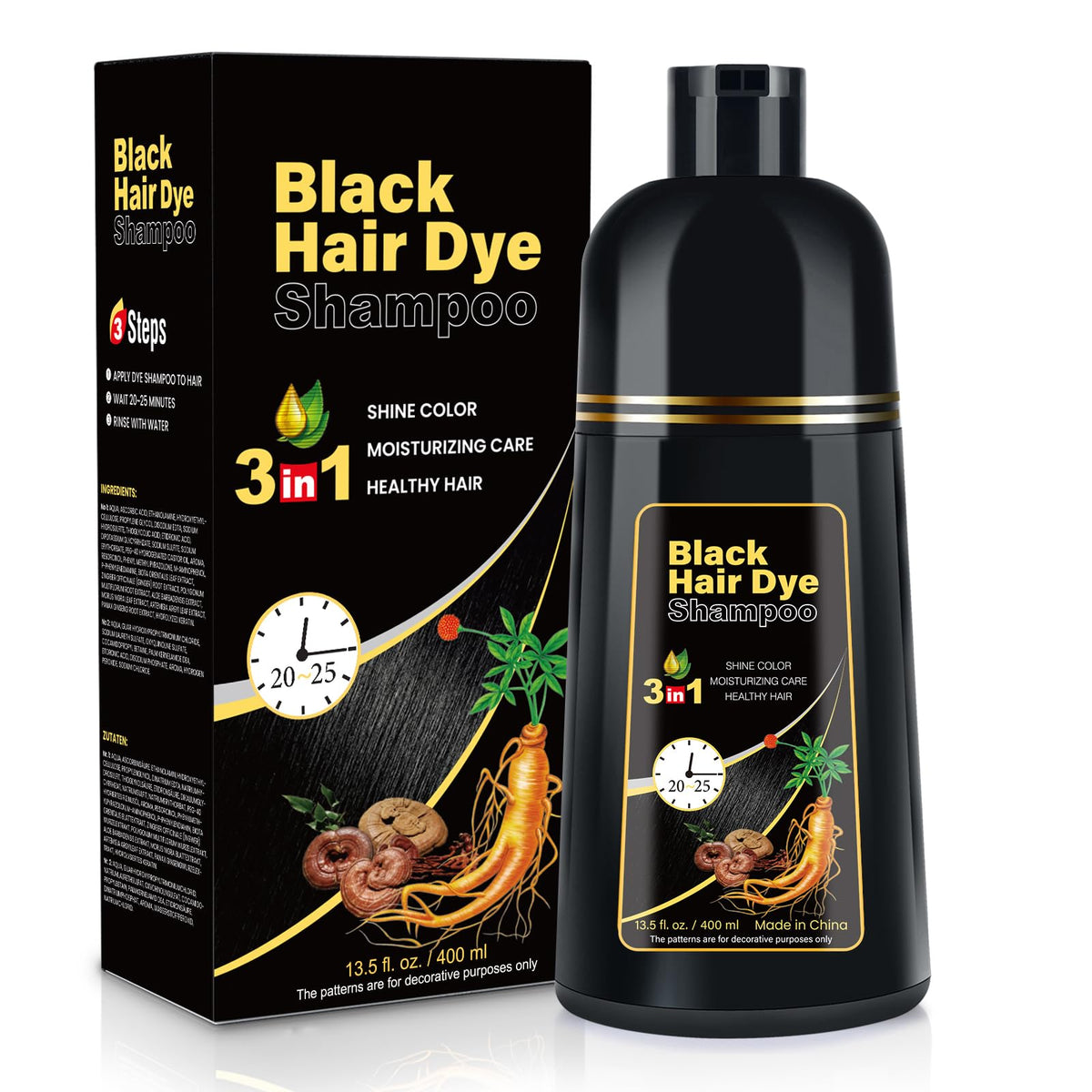 Black Black Hair Dye Shampoo 3 in 1 Champu Para Canas for Gray Hair Coverage, Natural and Herbal Color Shampoo for Women