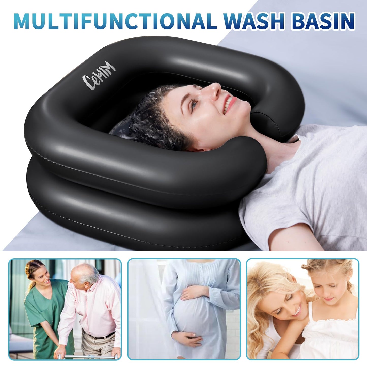 White Smoke Cehim Inflatable Shampoo Basin - Portable Shampoo Bowl, Hair Washing Basin for Bedridden, Disabled,Injured, Hair Wash Tub for Dreadlocks and at Home Sink Washing (Black, 15in Inner)