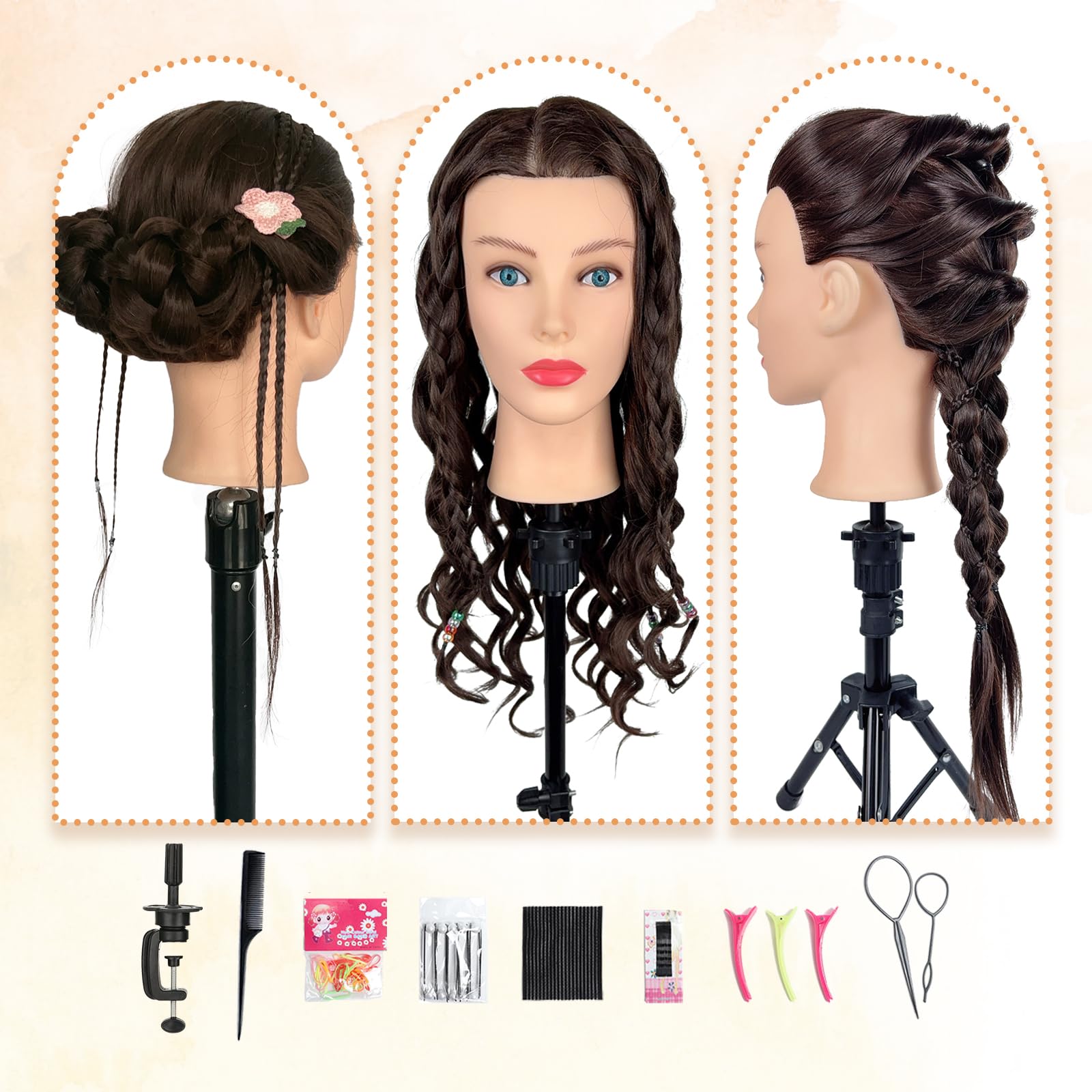 White Smoke Mannequin Head Human Hair- Cosmetology Manikin Doll Head with 80% Real Hair for Hairdresser Practice Styling Braiding & Free Clamp Holder (Black Brown)