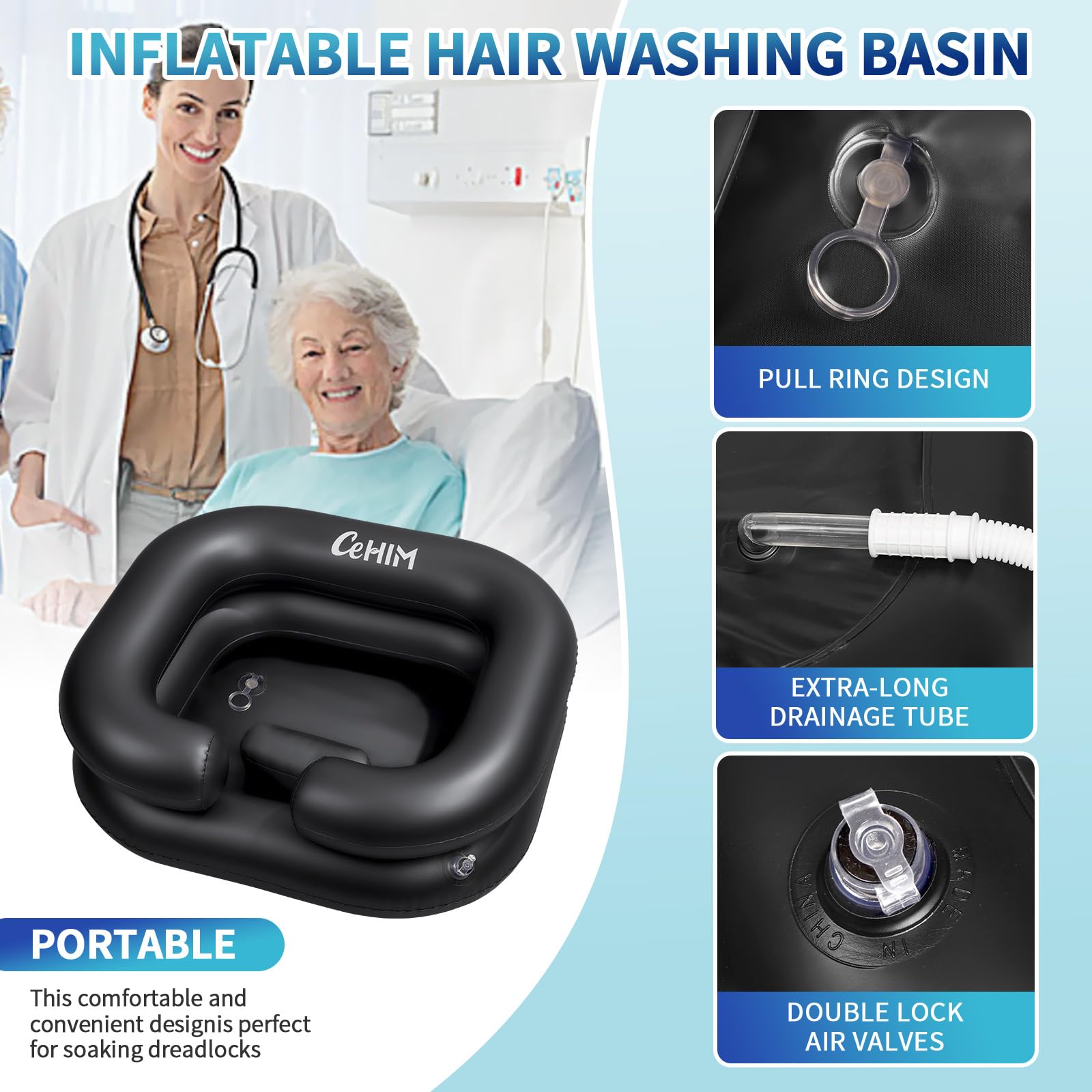 White Smoke Cehim Inflatable Shampoo Basin - Portable Shampoo Bowl, Hair Washing Basin for Bedridden, Disabled,Injured, Hair Wash Tub for Dreadlocks and at Home Sink Washing (Black, 15in Inner)