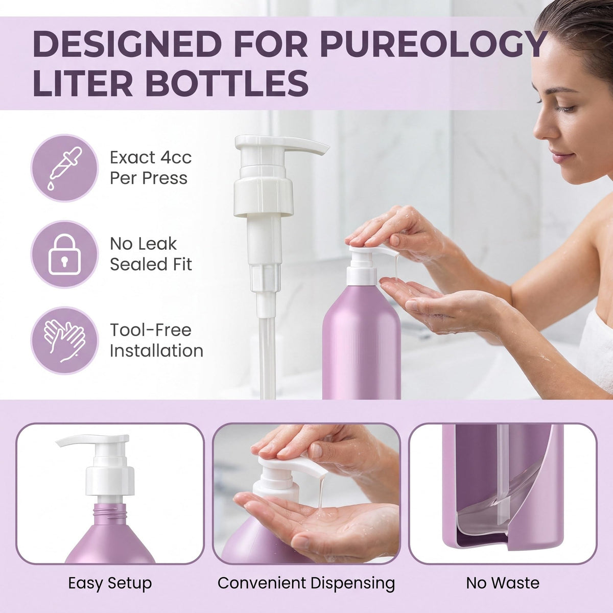 White Smoke 3 Pack Liter Pump for Pureology Shampoo and Conditioner 33.8 oz Bottles, Liter Shampoo Pump for Pureology, Pump for Shampoo Bottle 33.8 oz Pumps Dispenser