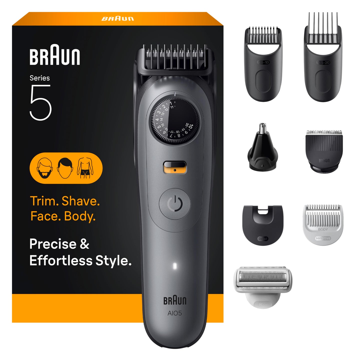 White Smoke Braun Series 5 All-in-One Beard & Body Grooming Kit for Men, Cordless Trimmer, Hair Clippers & Shaver for Face, Hair & Body with Smooth Shave Head, AIO 5510