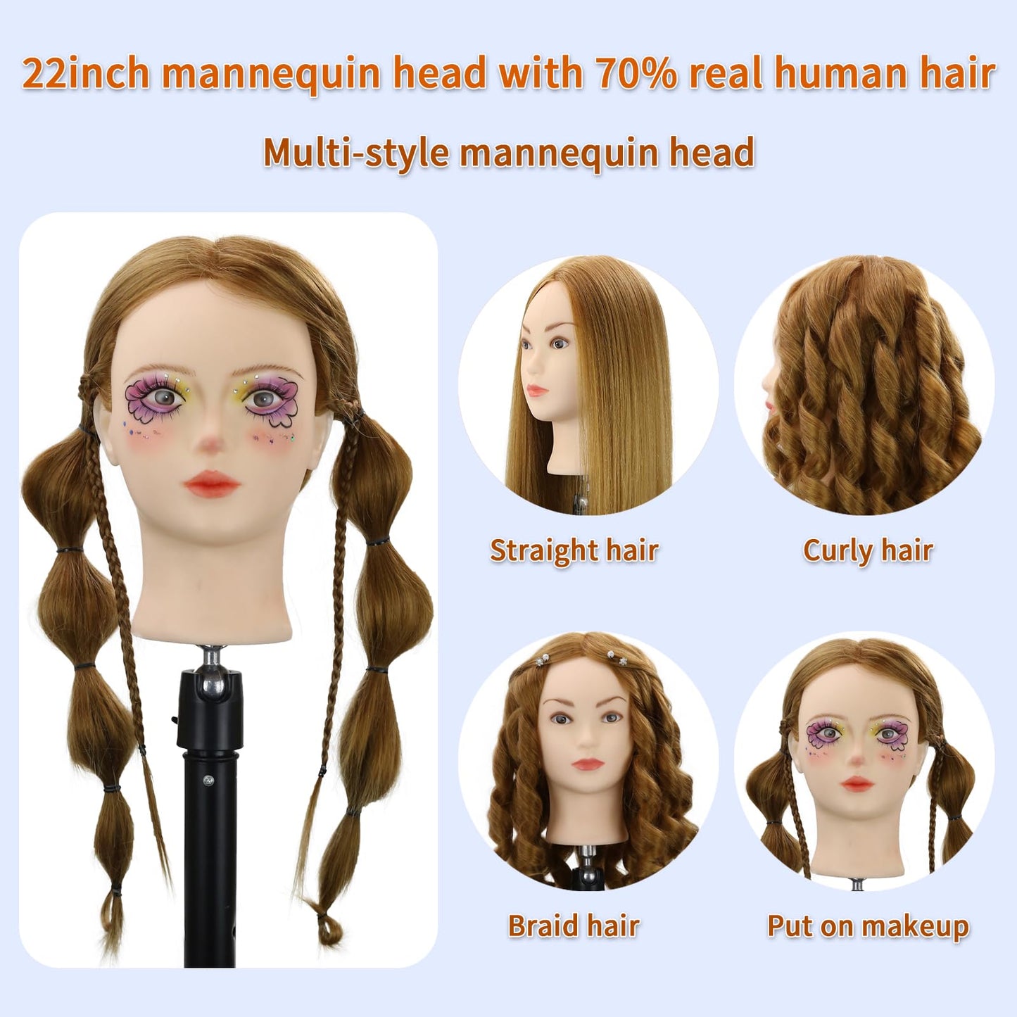 White Smoke Mannequin Head Human Hair With 70% Real Human Hair Mannequin Head Human Hair 22inch Hairdresser Practice Training Head Cosmetology Manikin Doll Head (make-uped#27 Blond)