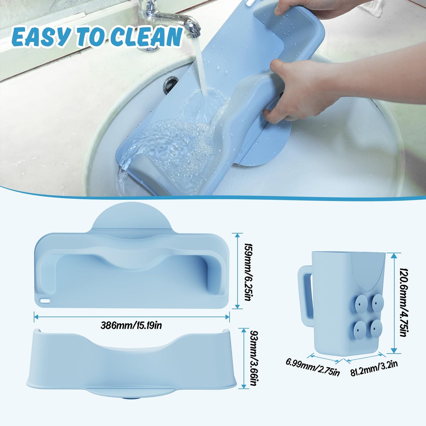 Alice Blue Silicone Portable Hair Wash Station for Kids, Hair Washing Basin with Rinse Cup for Children, Toddlers and Teens on Bathtub or Sink, Tear-Free Shampoo Bowl for Children (Blue)